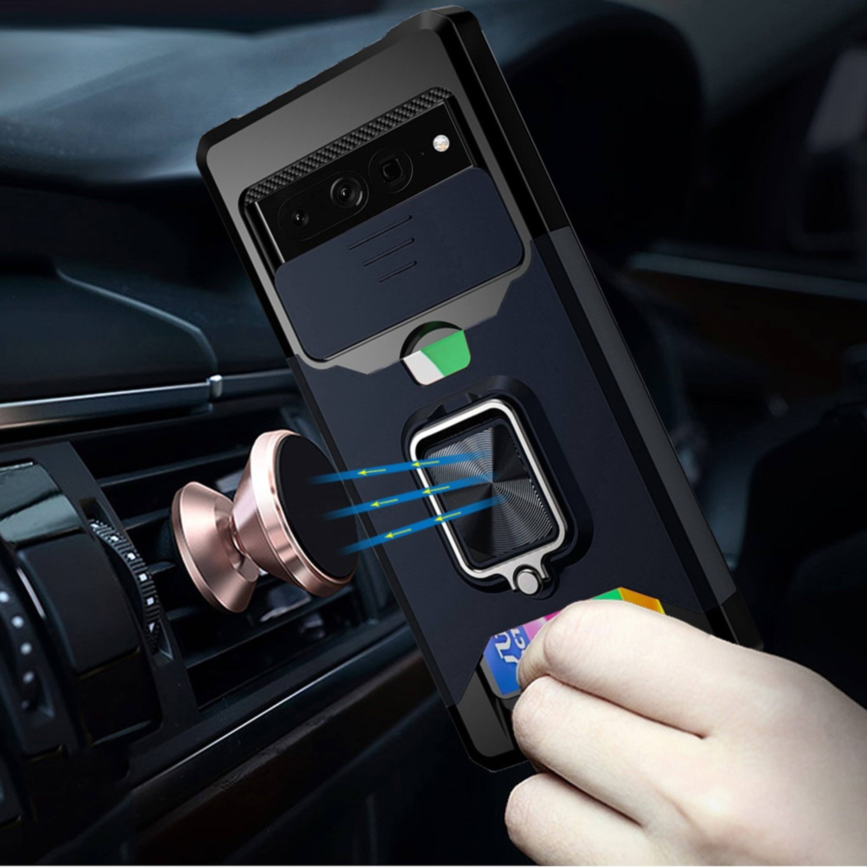 Angle. Kitcheniva - Multi-Use Card Magnetic Ring Stand Phone Case For Google Pixel 7 PRO (Triple Camera) Blue - Blue.
