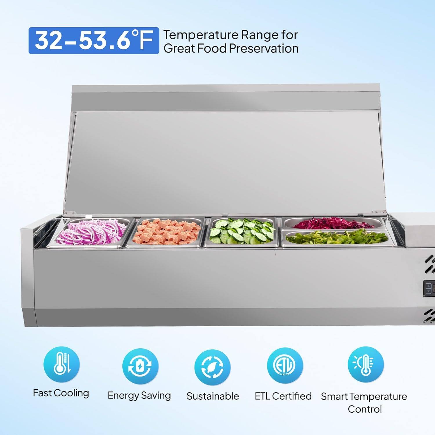 Temperature Range for 32-53.6°F Great Food Preservation

- Fast Cooling
- Energy Saving
- Sustainable
- ETL Certified
- Smart Temperature Control