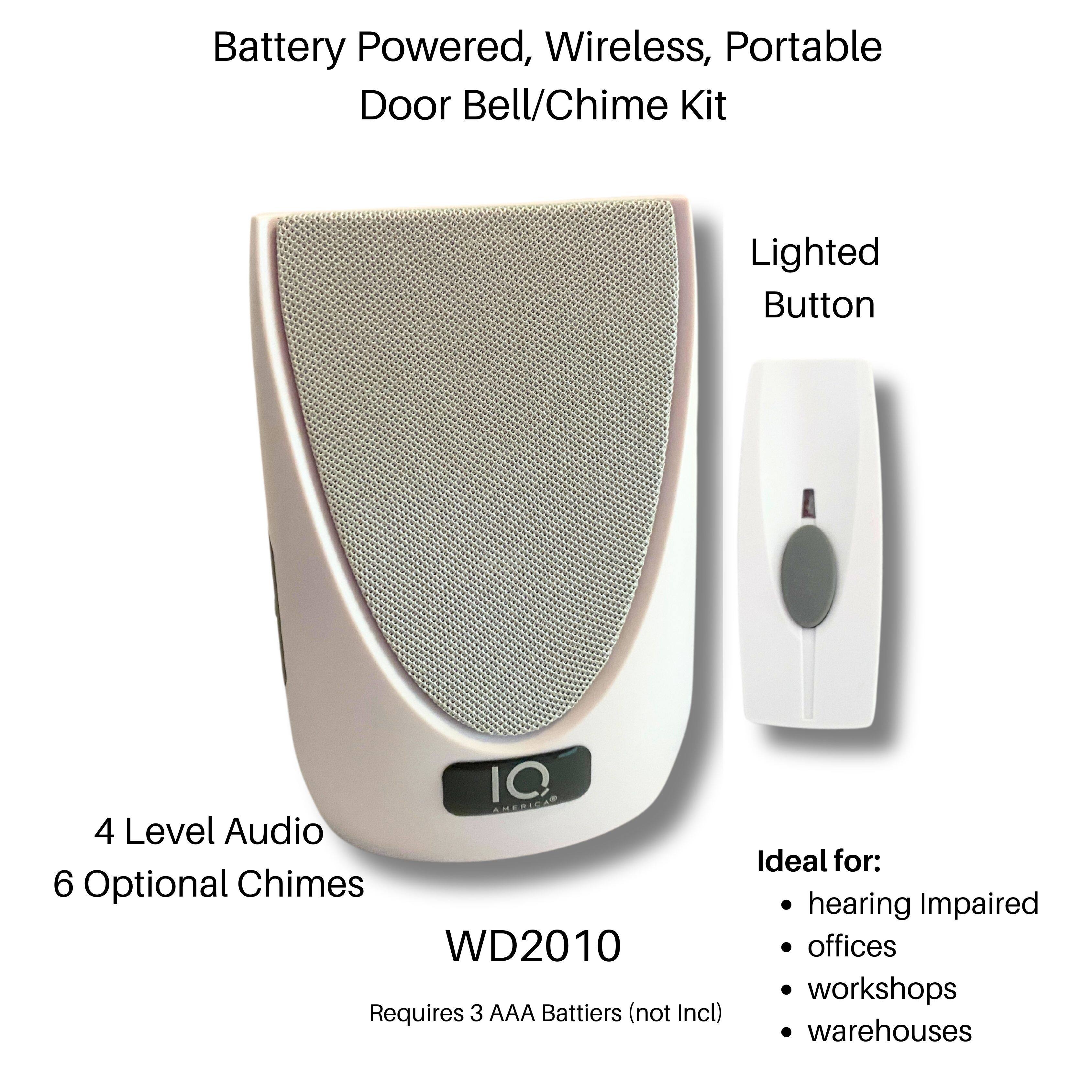 Battery Powered, Wireless, Portable Door Bell/Chime Kit Lighted Button IQ AHORISA 4 Level Audio 6 Optional Chimes WD2010 Requires 3 AAA Batteries (not Included) Ideal for: hearing Impaired offices, workshops, warehouses