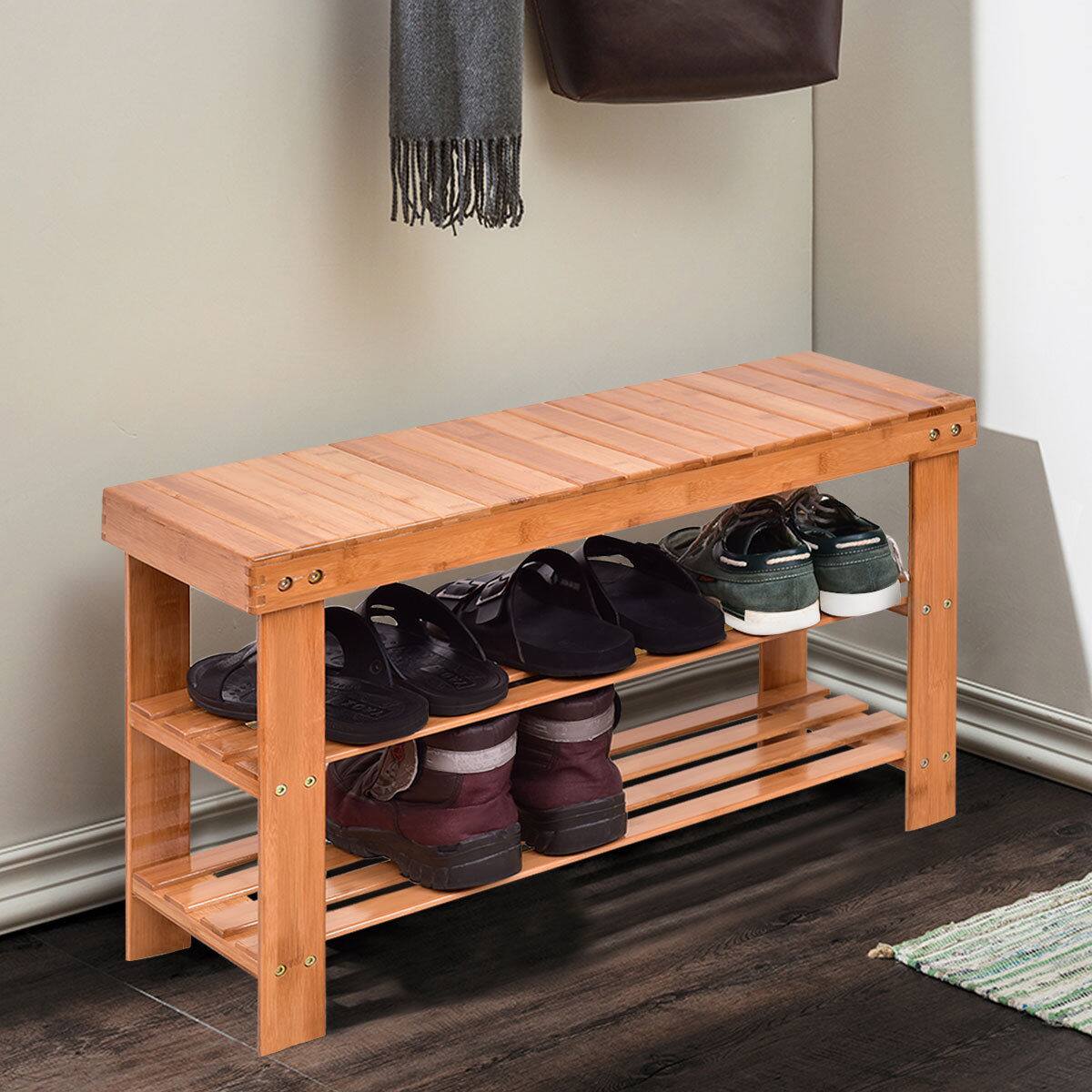 Alt View 19. Costway - 3 Tier Bamboo Shoe Rack Bench Storage Shelf Organizer Entryway Home Furni - Natural.