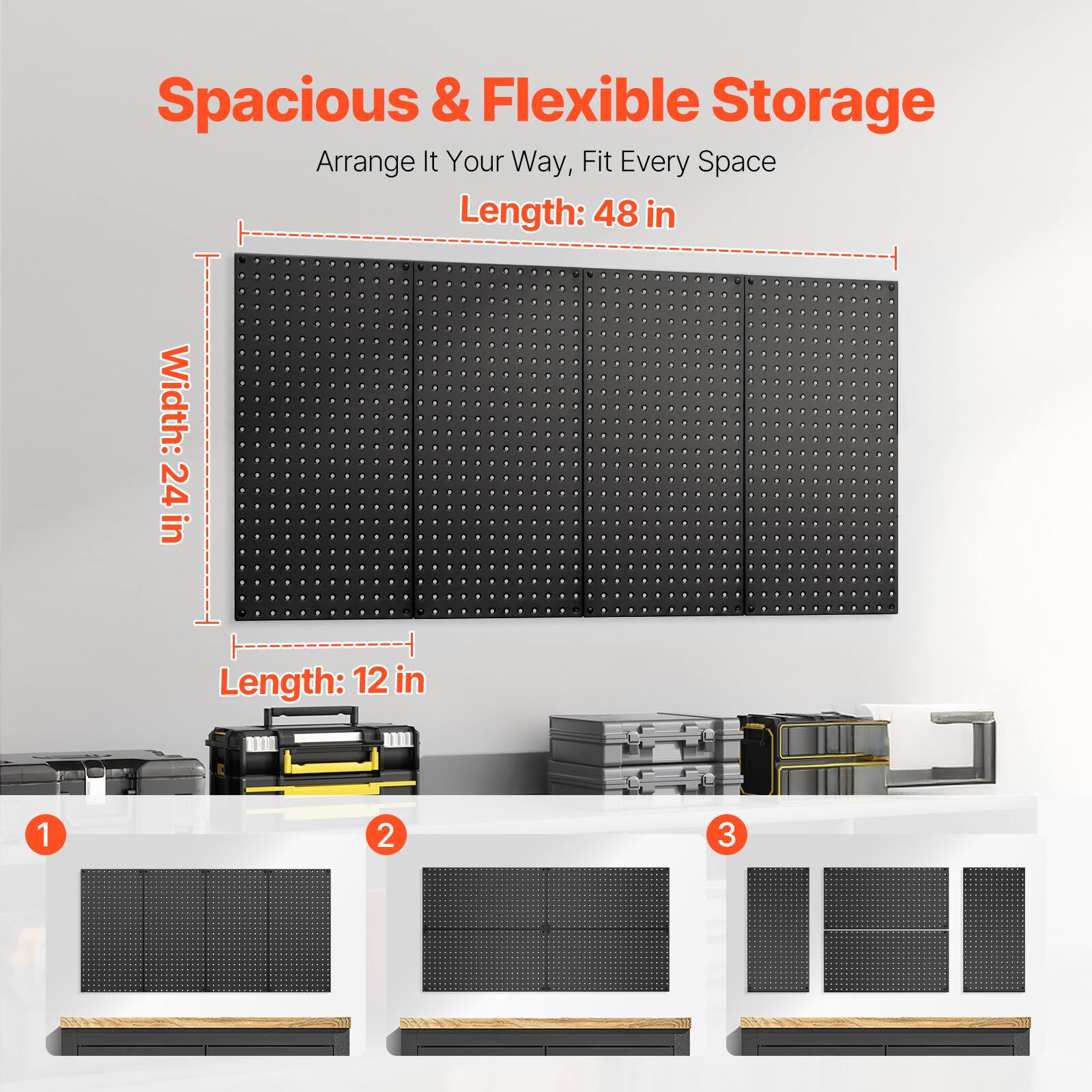 Spacious & Flexible Storage  
Arrange It Your Way, Fit Every Space  

Length: 48 in  
Width: 24 in  
Length: 12 in  

1  
2  
3