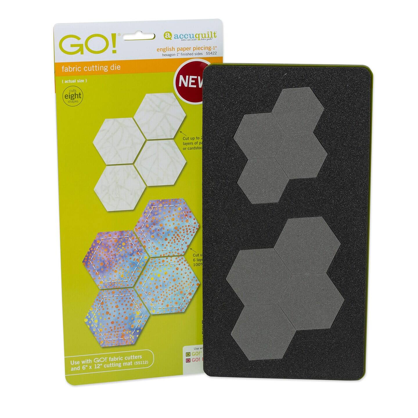 GO! fabric cutting die : actual size eight shapes. Cut up to 2 layers of paper or cardstock. Use with GO! fabric cutters and 6" x 12" cutting mat (55112). English paper piecing. 1" hexagon - 1" finished sides. 56422 - nogu.