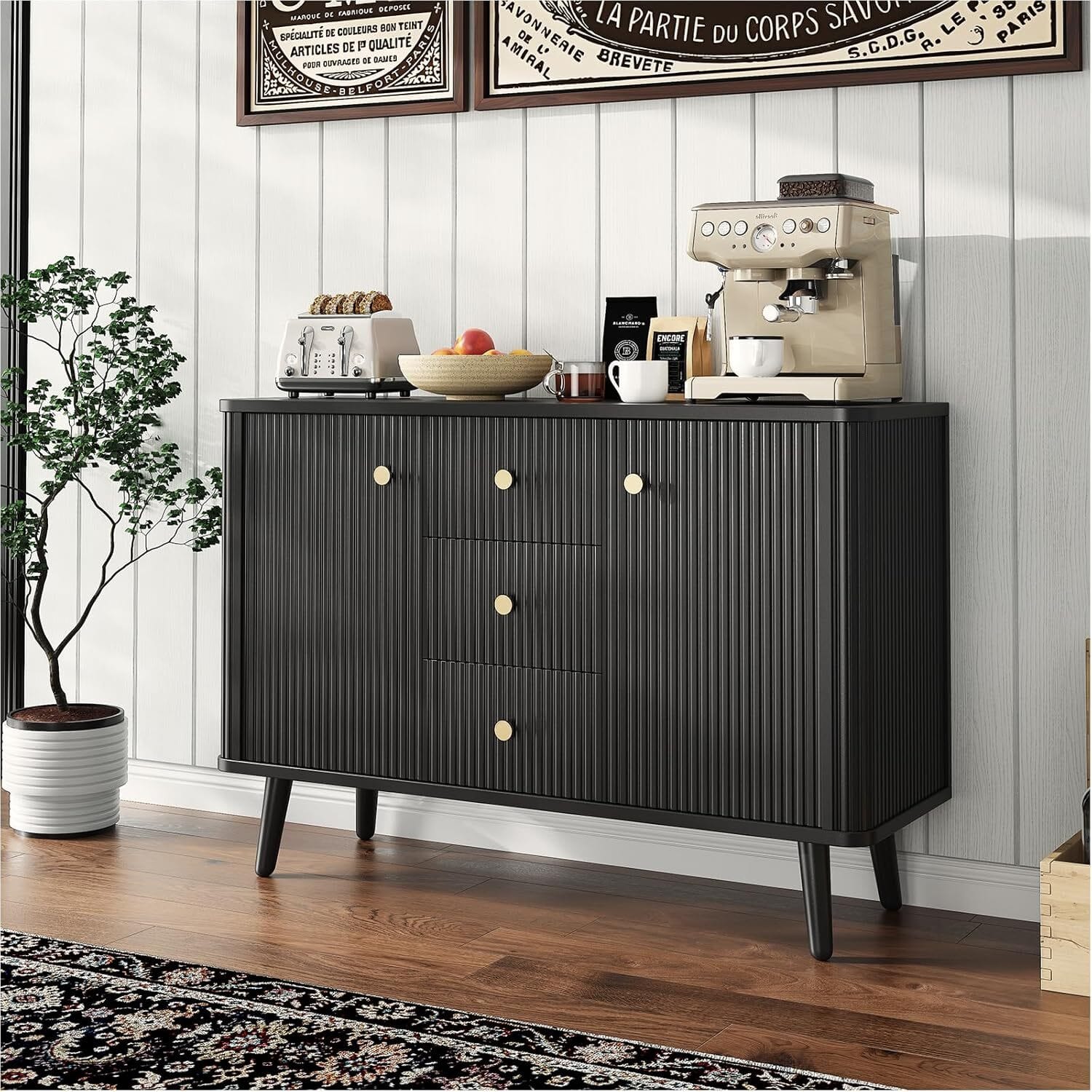 GARVEE - Modern Fluted Sideboard Buffet Cabinet with 3 Drawers, Wood Storage Cabinet, Space-Saving Coffee Bar - Black