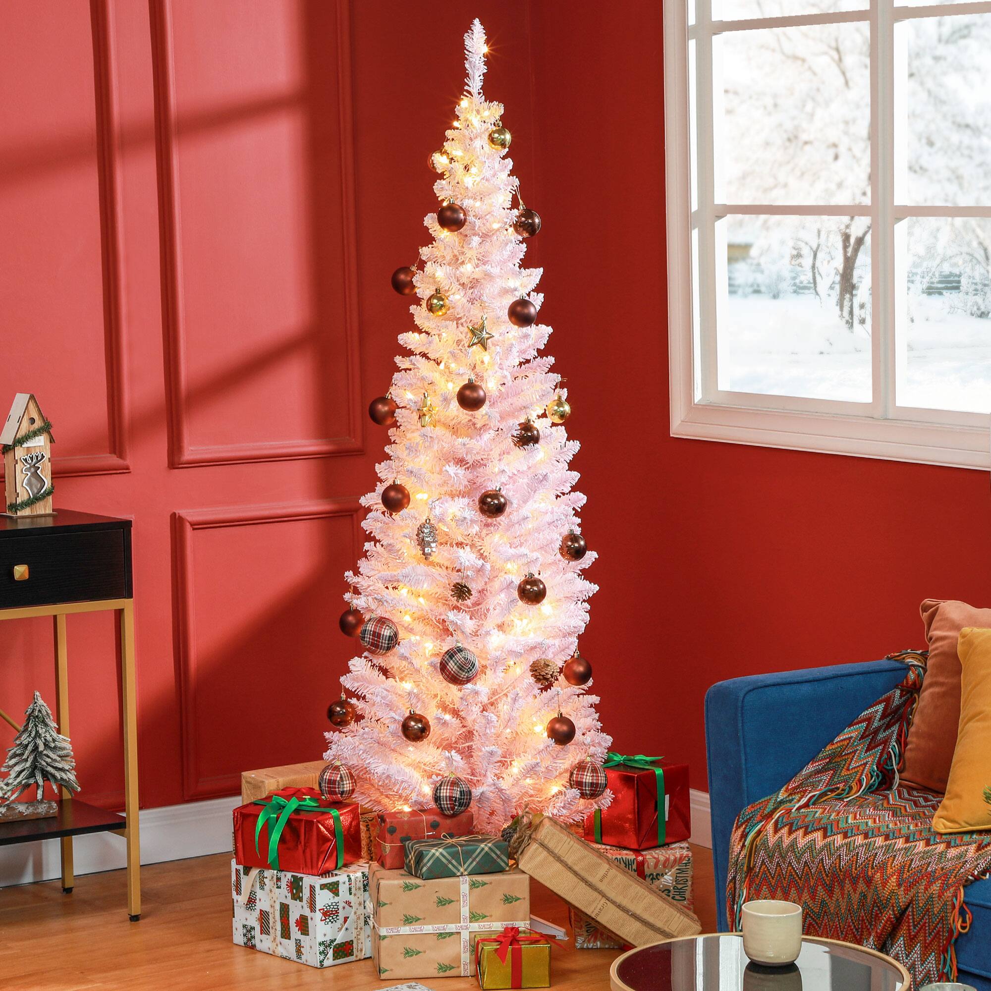 Alt View 1. Homcom - Pre-Lit Slim Noble Fir Artificial Pencil Christmas Tree, 170 Warm White LEDs, 390 Tips - pink.