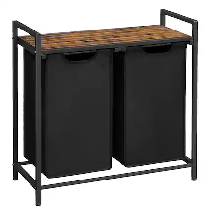 Front. Songmics Home - Laundry Hamper, Laundry Basket, Laundry Sorter with 2 Pull-Out and Removable Bags, Shelf,2 x 12.1Gallons (46L) - Rustic Brown and Black.