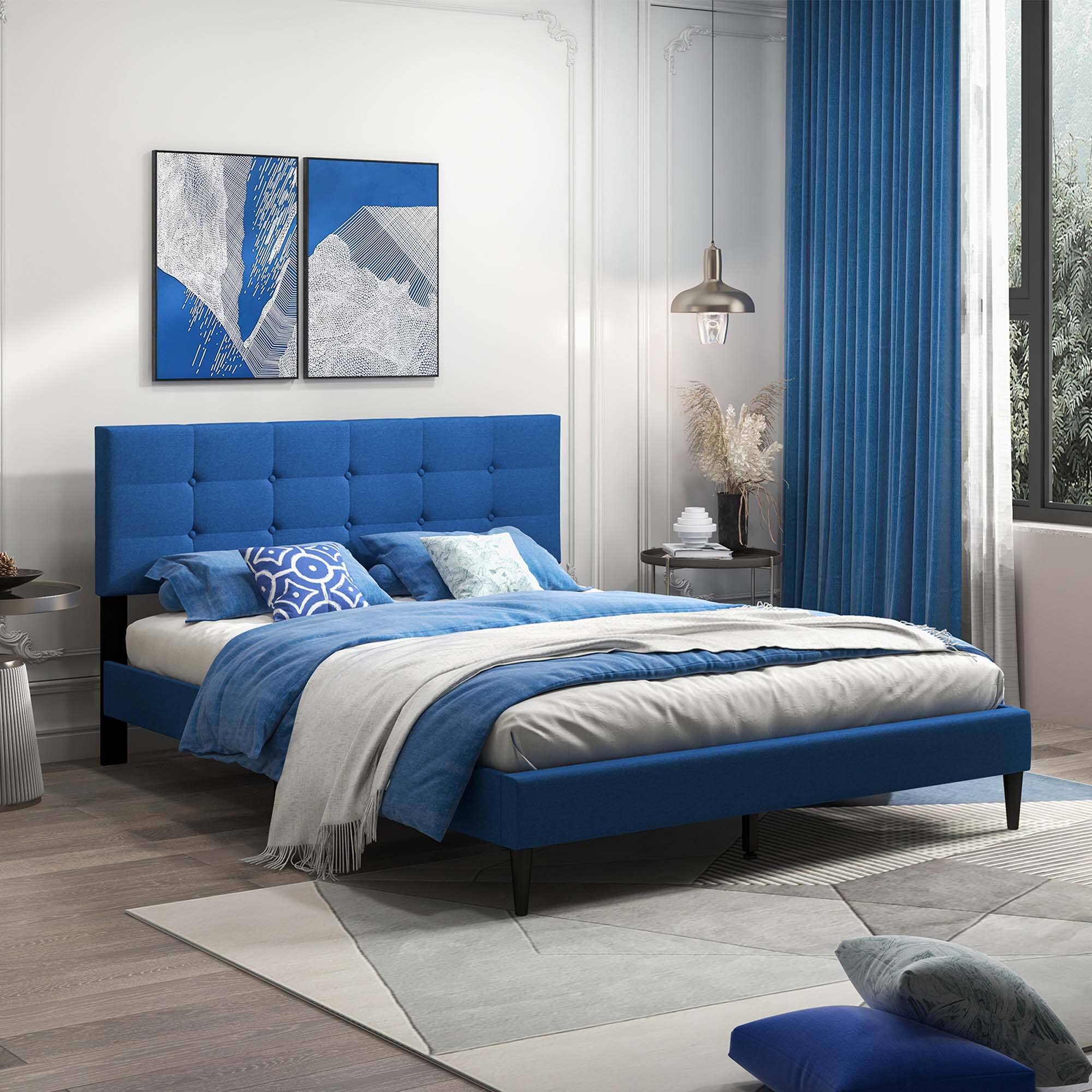 Alt View 2. Costway - Costway Queen Upholstered Platform Bed Mattress Foundation Button Tufted Headboard - Blue.