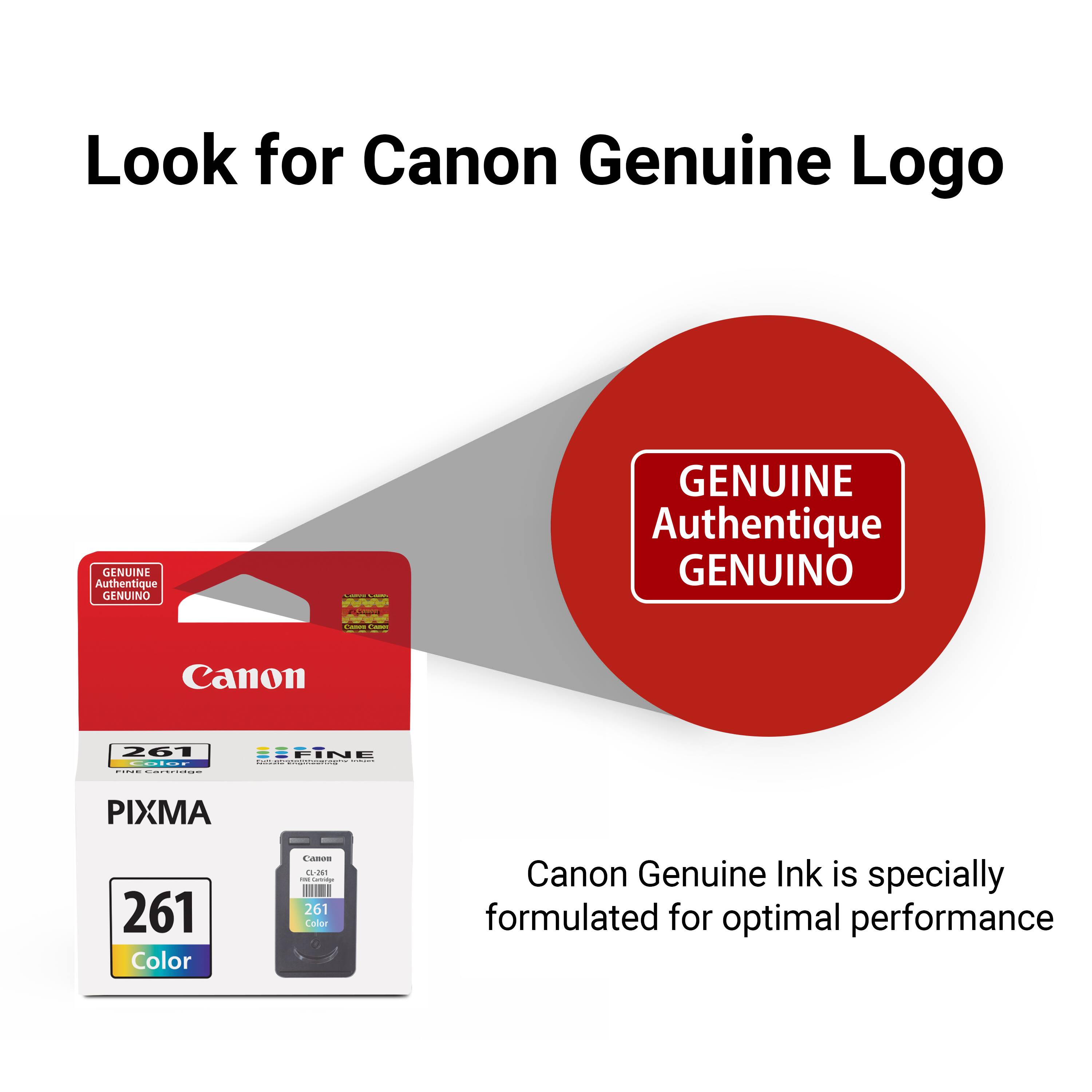 Look for Canon Genuine Logo GENUINE Authentique GENUINO Canon 261 Color - NA-28 - 261 Color Canon Genuine Ink is specially formulated for optimal performance.