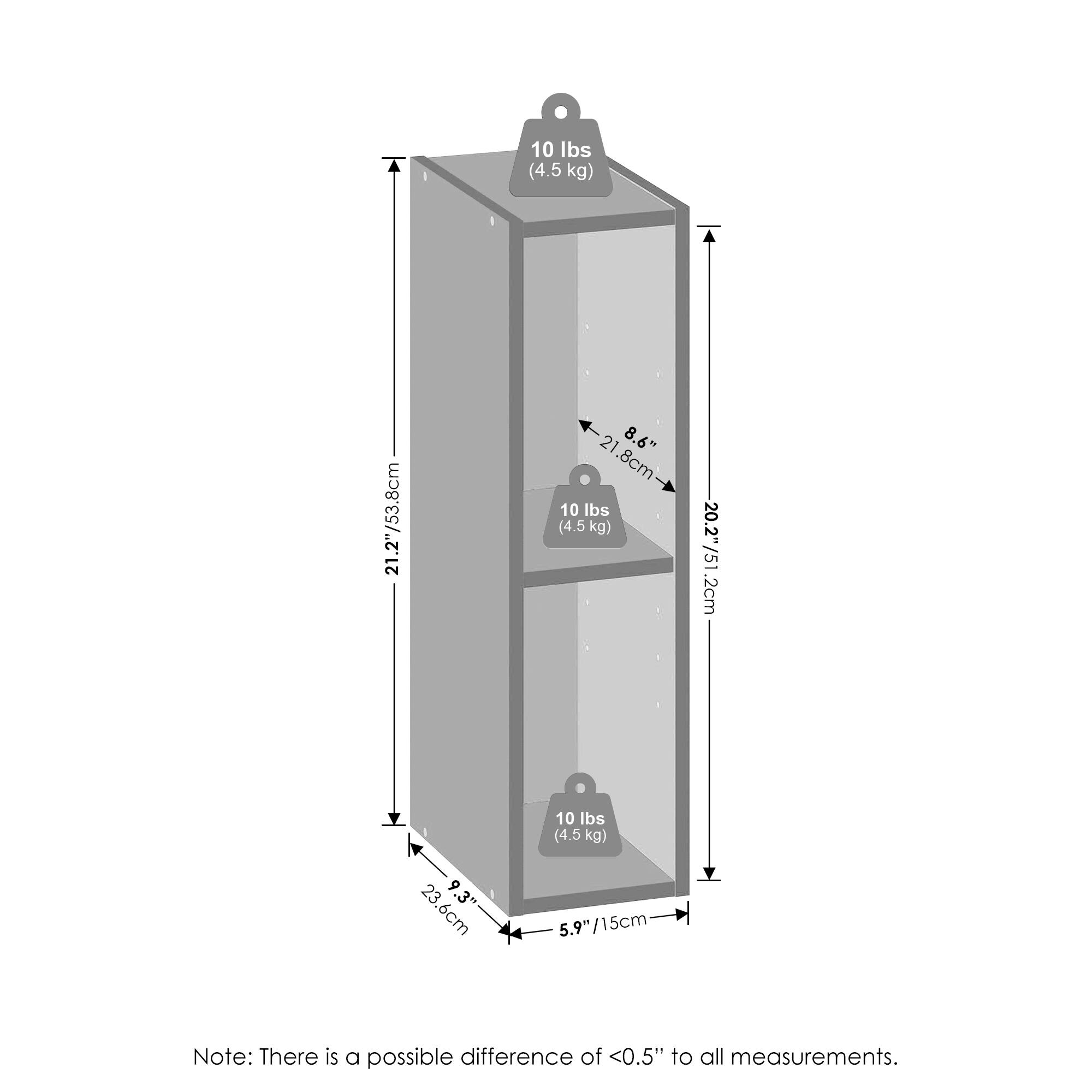 10 lbs (4.5 kg)  
21.2" / 53.8 cm  
20.2" / 51.2 cm  
5.9" / 15 cm  
8.6" / 21.8 cm  
23.6 cm  
Note: There is a possible difference of <0.5" to all measurements.