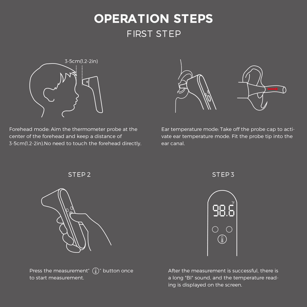 **OPERATION STEPS**

**FIRST STEP**

- **Forehead mode:** Aim the thermometer probe at the center of the forehead and keep a distance of 3-5cm (1.2-2in). No need to touch the forehead directly.

- **Ear temperature mode:** Take off the probe cap to activate ear temperature mode. Fit the probe tip into the ear canal.

**STEP 2**

- Press the measurement button once to start measurement.

**STEP 3**

- After the measurement is successful, there is a long "BI" sound, and the temperature reading is displayed on the screen.