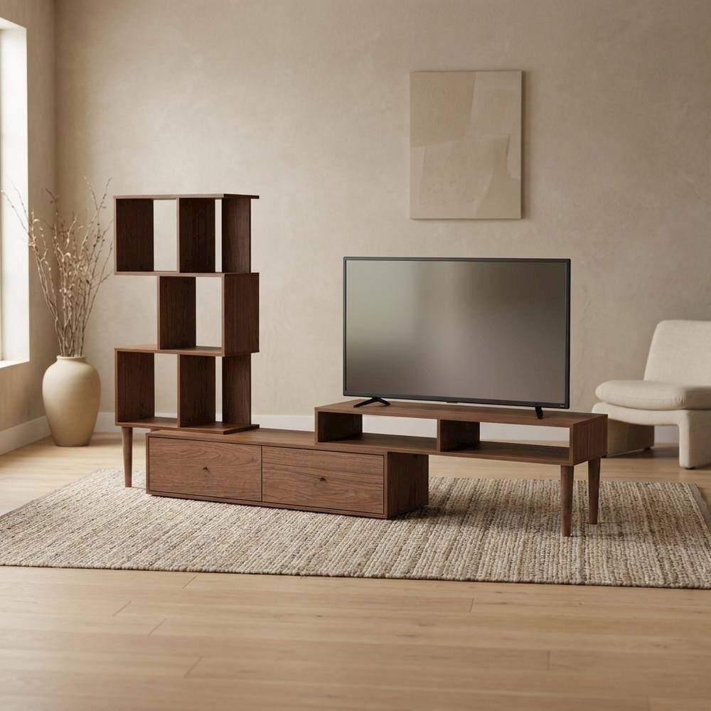 Alt View 2. FurniFact - Modern TV Stand with Black Finish, Spacious Storage and Open Shelves - Brown.