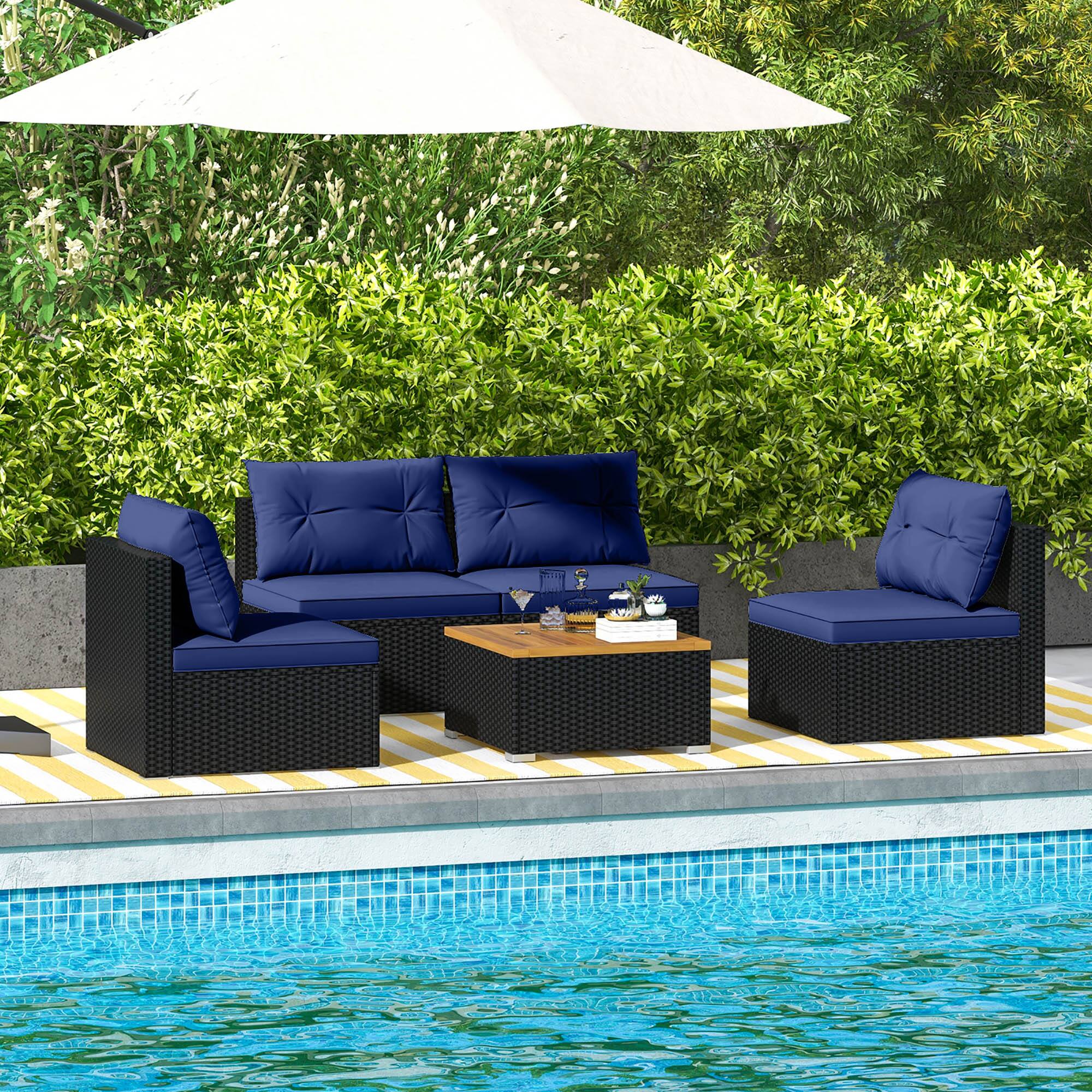 Gymax - 5 Piece Outdoor Furniture Set w/ Seat & Back Cushions Acacia Wood Tabletop - Navy