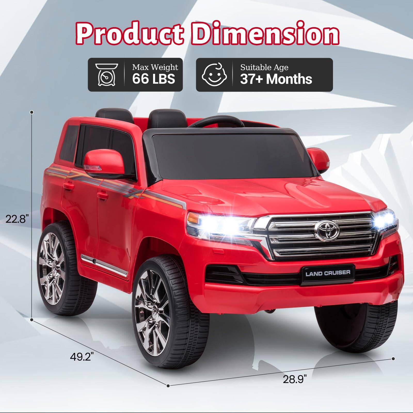 Product Dimension

Max Weight: 66 LBS

Suitable Age: 37+ Months

Dimensions:
- Length: 49.2"
- Width: 28.9"
- Height: 22.8"