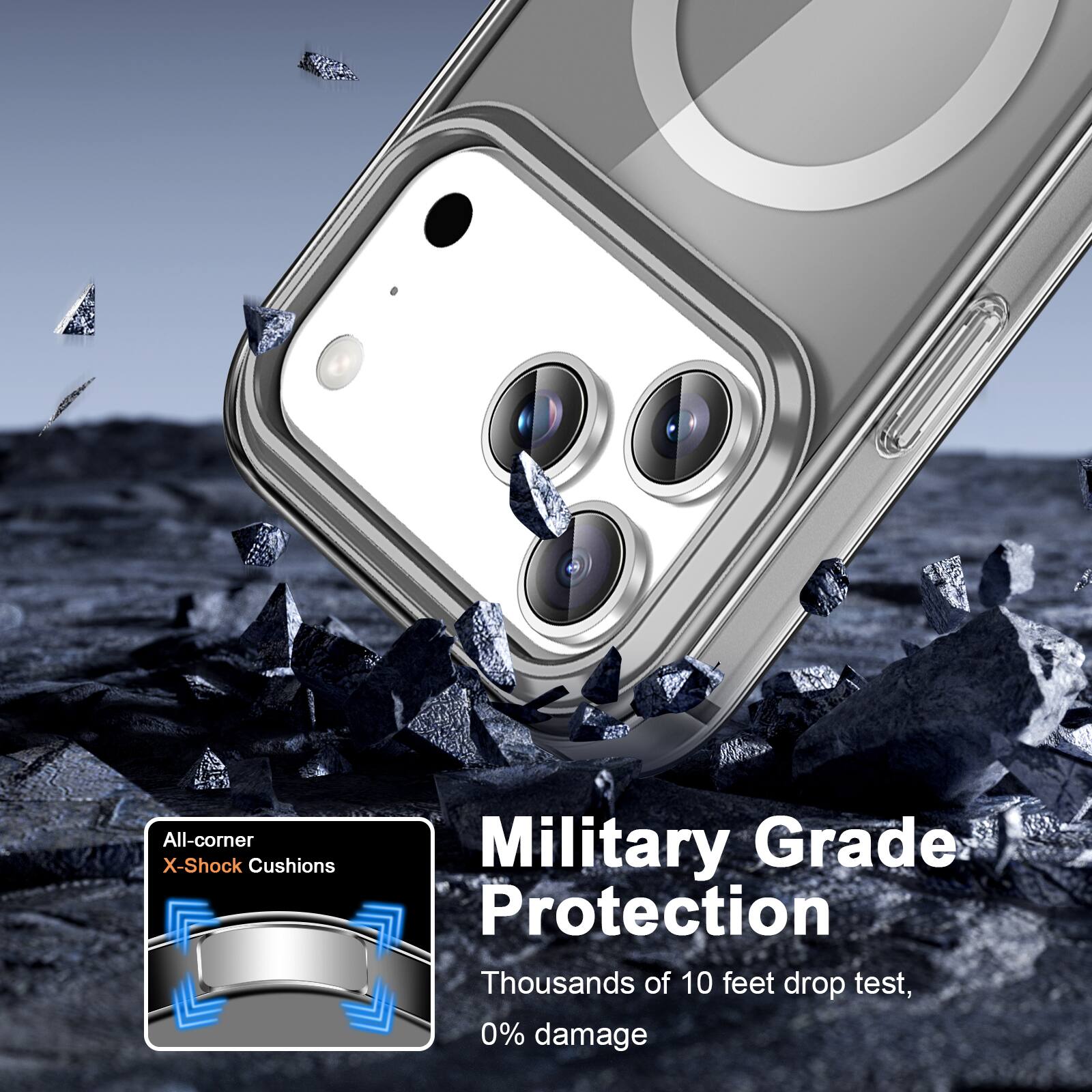 All-corner X-Shock Cushions  
Military Grade Protection  
Thousands of 10 feet drop test, 0% damage
