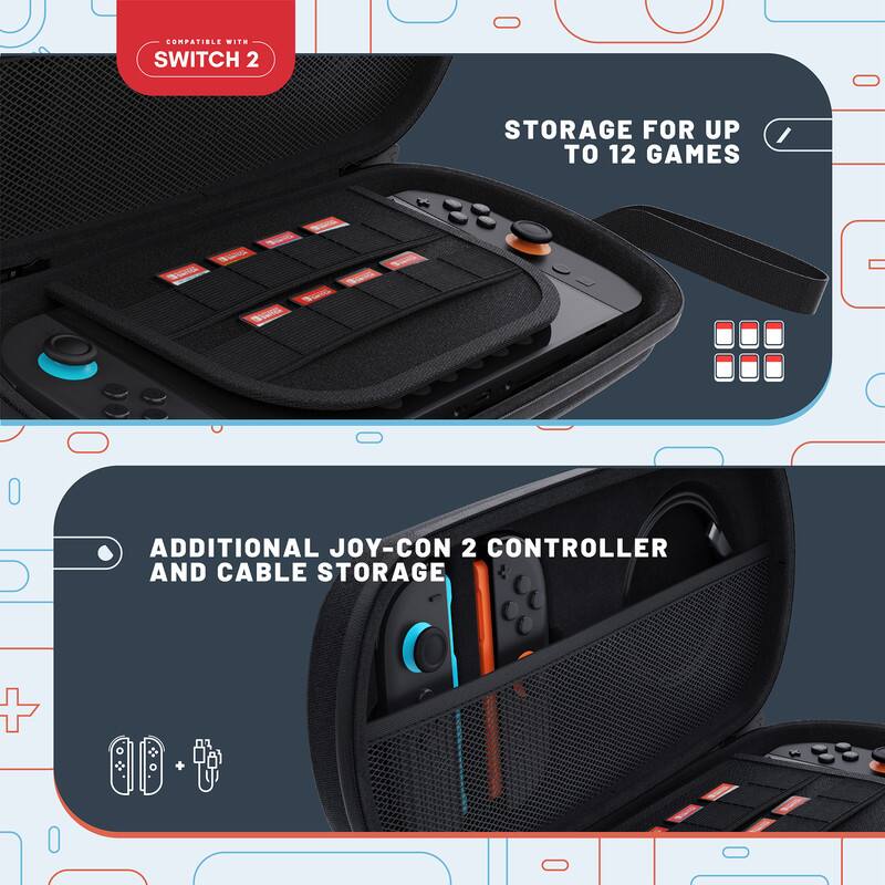 COMPATIBLE WITH SWITCH 2

STORAGE FOR UP TO 12 GAMES

ADDITIONAL JOY-CON 2 CONTROLLER AND CABLE STORAGE