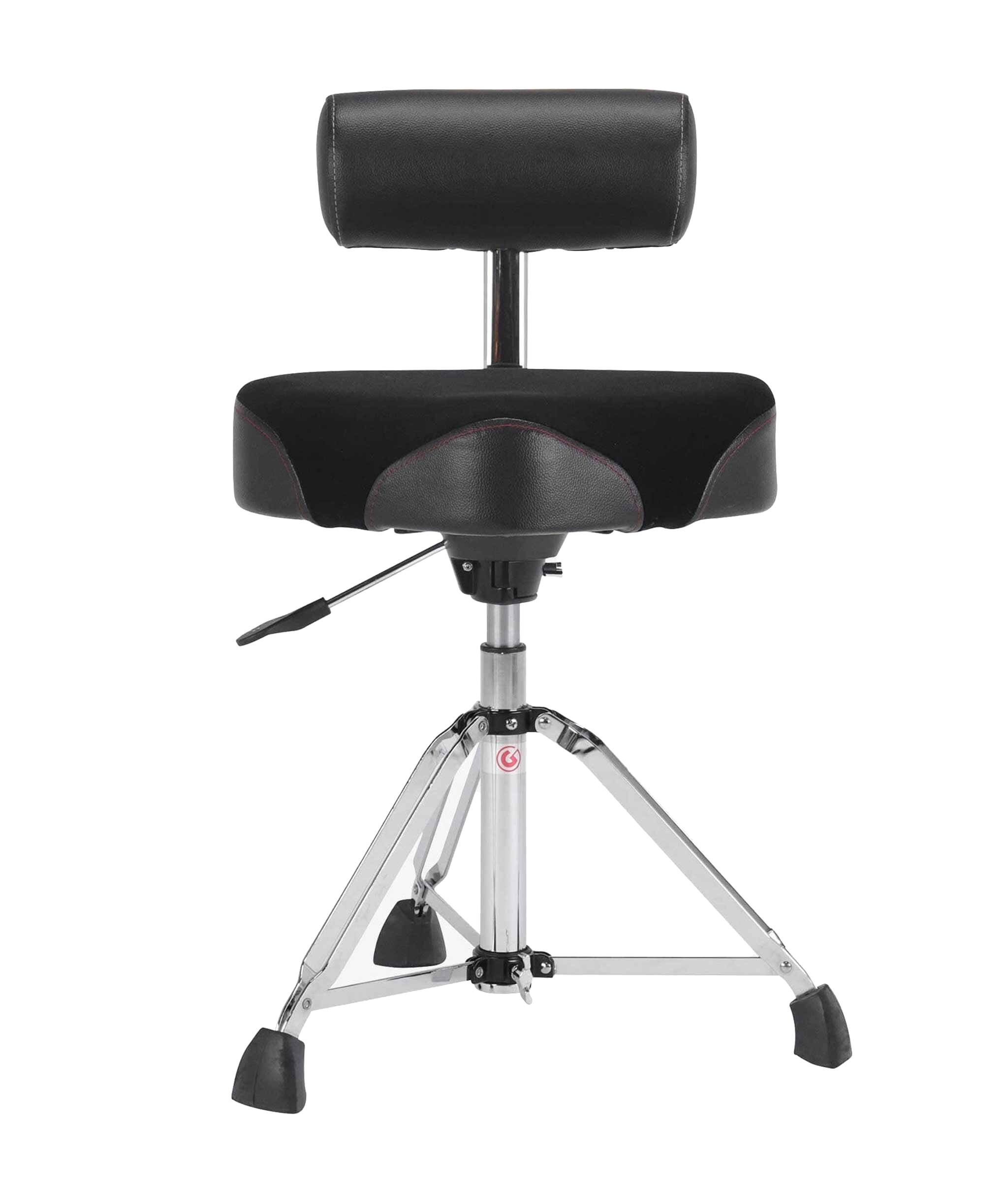 Angle. Gibraltar Hardware - 9000 Series Hydraulic Saddle Drum Throne, 17" Cordura Seat, Adjustable Backrest, One-Touch Height Adjustment.