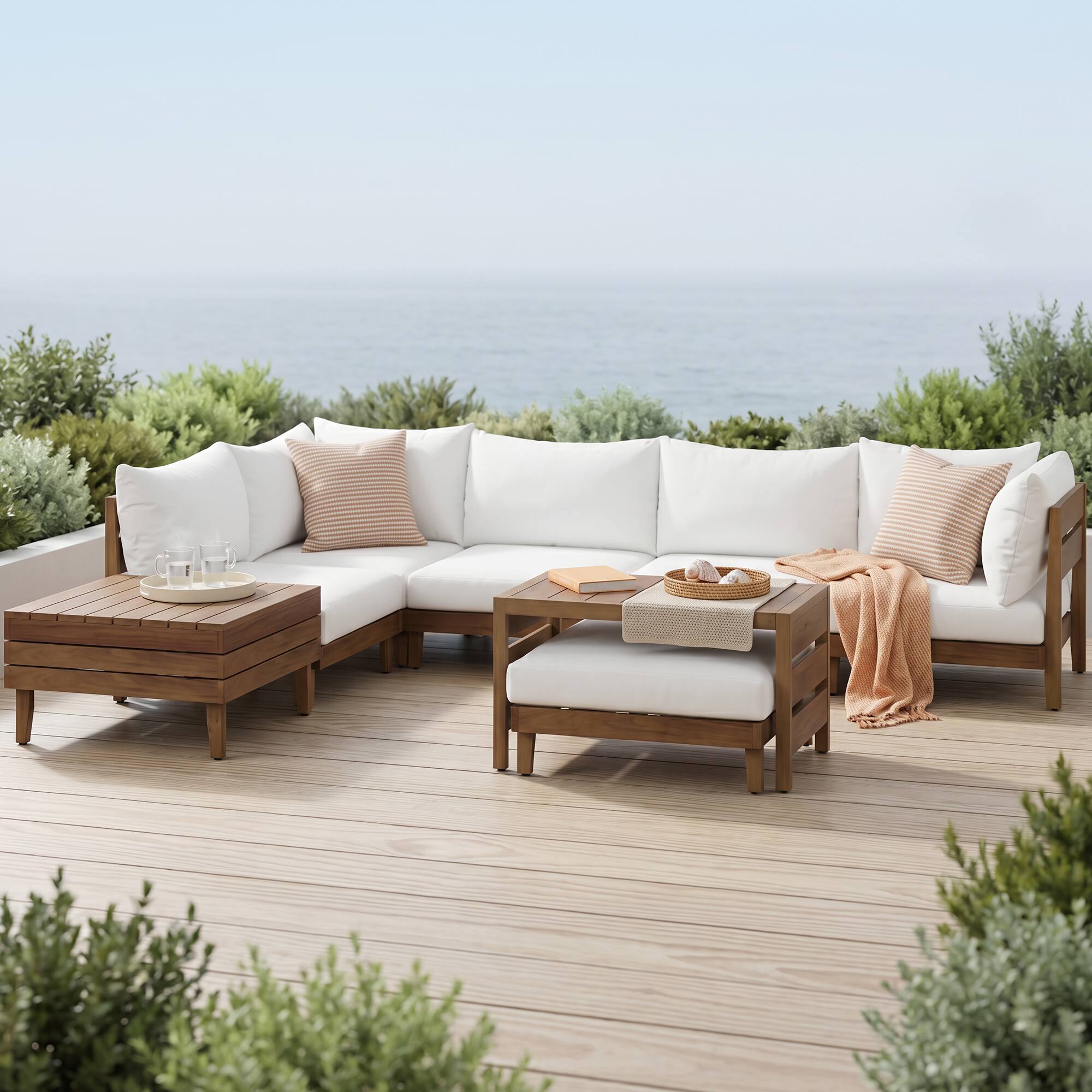 Angle. Whisen - 8-Piece Acacia Wood Outdoor Patio Sofa Set, Modular Sectional Furniture with Storage for Backyard - Teak|Beige.