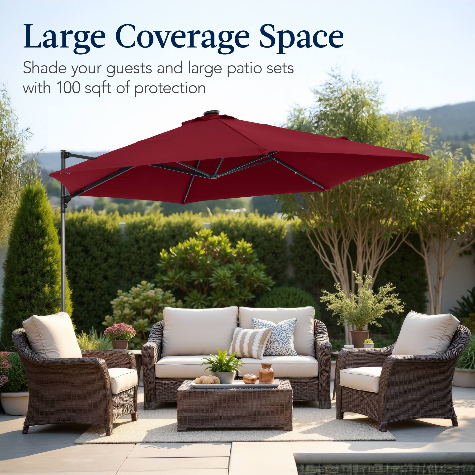 Large Coverage Space

Shade your guests and large patio sets with 100 sqft of protection.