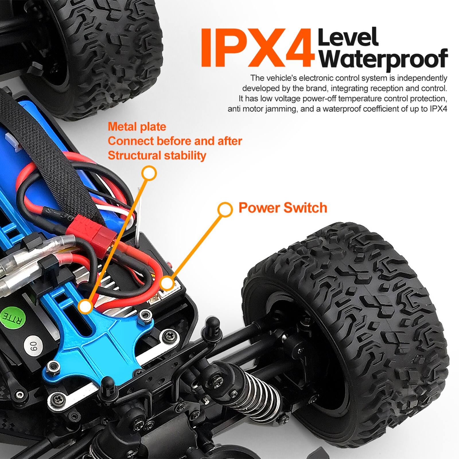 IPX4 Level Waterproof

The vehicle's electronic control system is independently developed by the brand, integrating reception and control. It has low voltage power-off temperature control protection, anti motor jamming, and a waterproof coefficient of up to IPX4.

- Metal plate
- Connect before and after
- Structural stability
- Power Switch