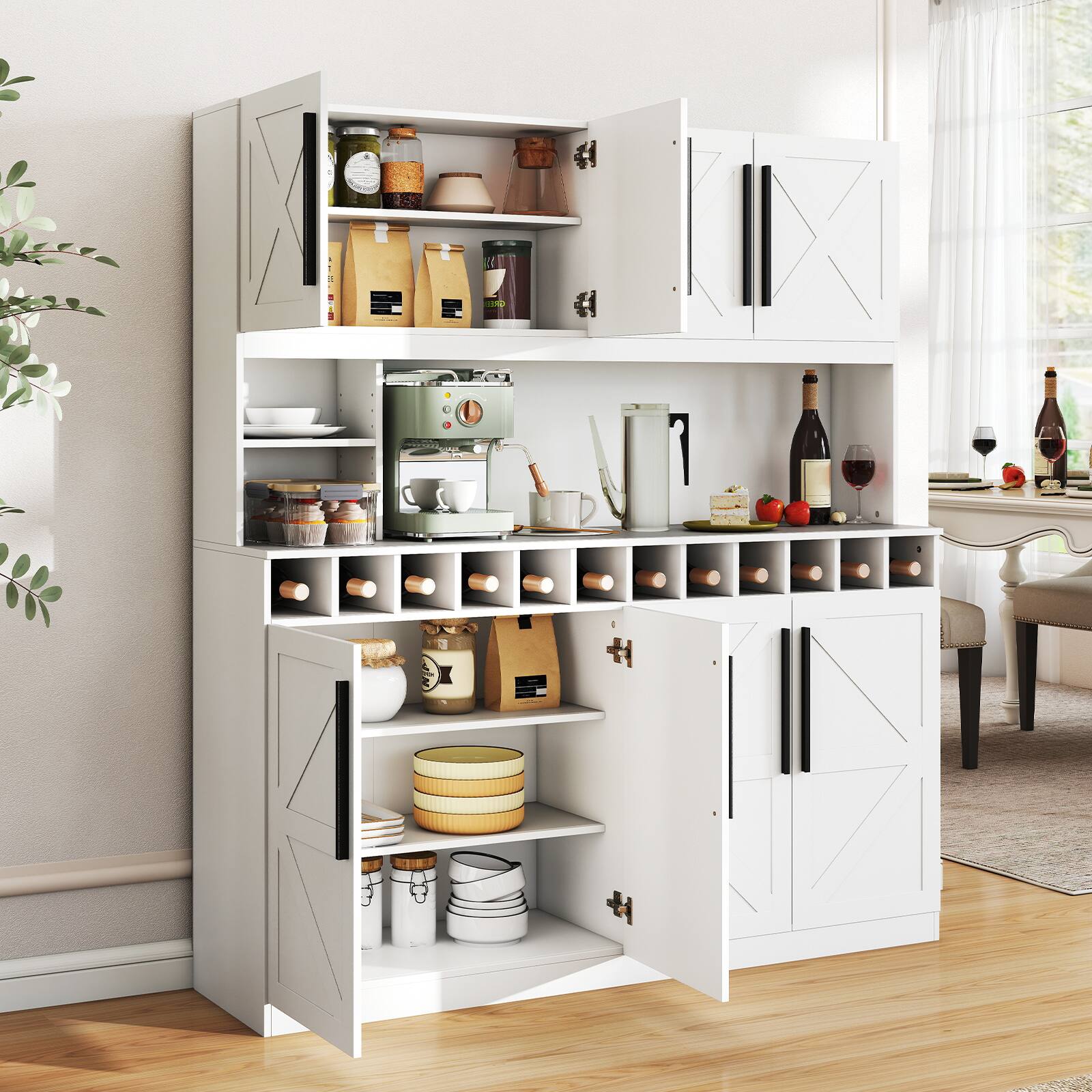 Alt View 3. Gymax - Gymax 63'' Wide Kitchen Buffet Hutch w/4 Cabinets 2 Open Shelves & 12-Bottle Wine Rack White - White.