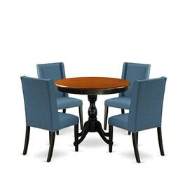 East West Furniture - 5-Piece Wooden Dining Set Consists of a Kitchen Dining Table and 4 Blue Linen Fabric Dining Room - Multi-Color