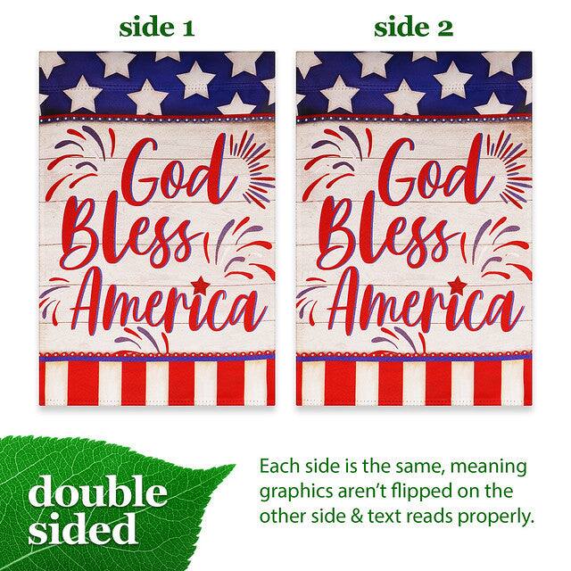 side 1 side 2 God Bless America God Bless America double sided Each side is the same, meaning graphics aren't flipped on the other side & text reads properly.
