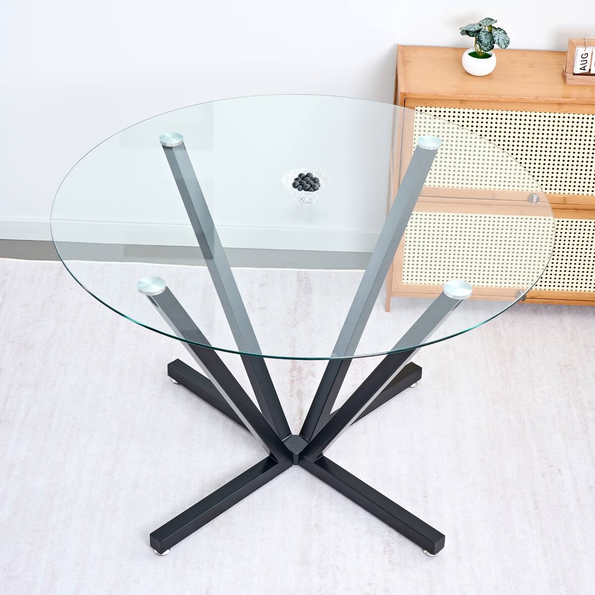 Alt View 3. Loheer - Loheer 45 inch round dining table with tempered glass top and black metal base - Black.