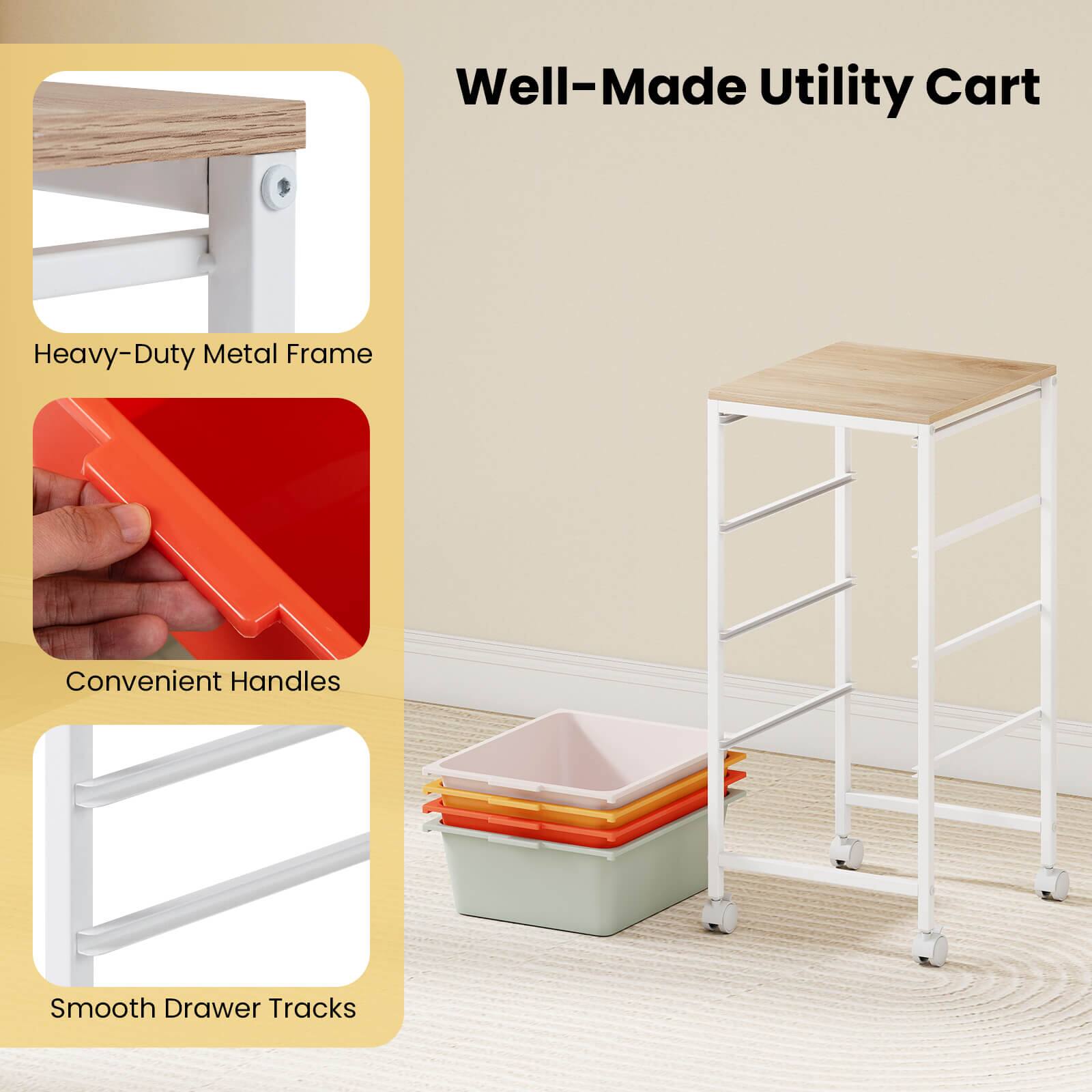 Well-Made Utility Cart  
Heavy-Duty Metal Frame  
Convenient Handles  
Smooth Drawer Tracks