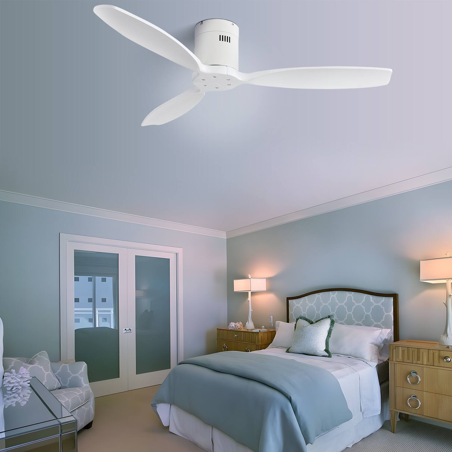 Alt View 5. Sofucor - 52'' Flush Mount Ceiling Fan without Lights Remote Control Wood Blades Reversible DC Modern Ceiling Fan Indoor Outdoor - White.
