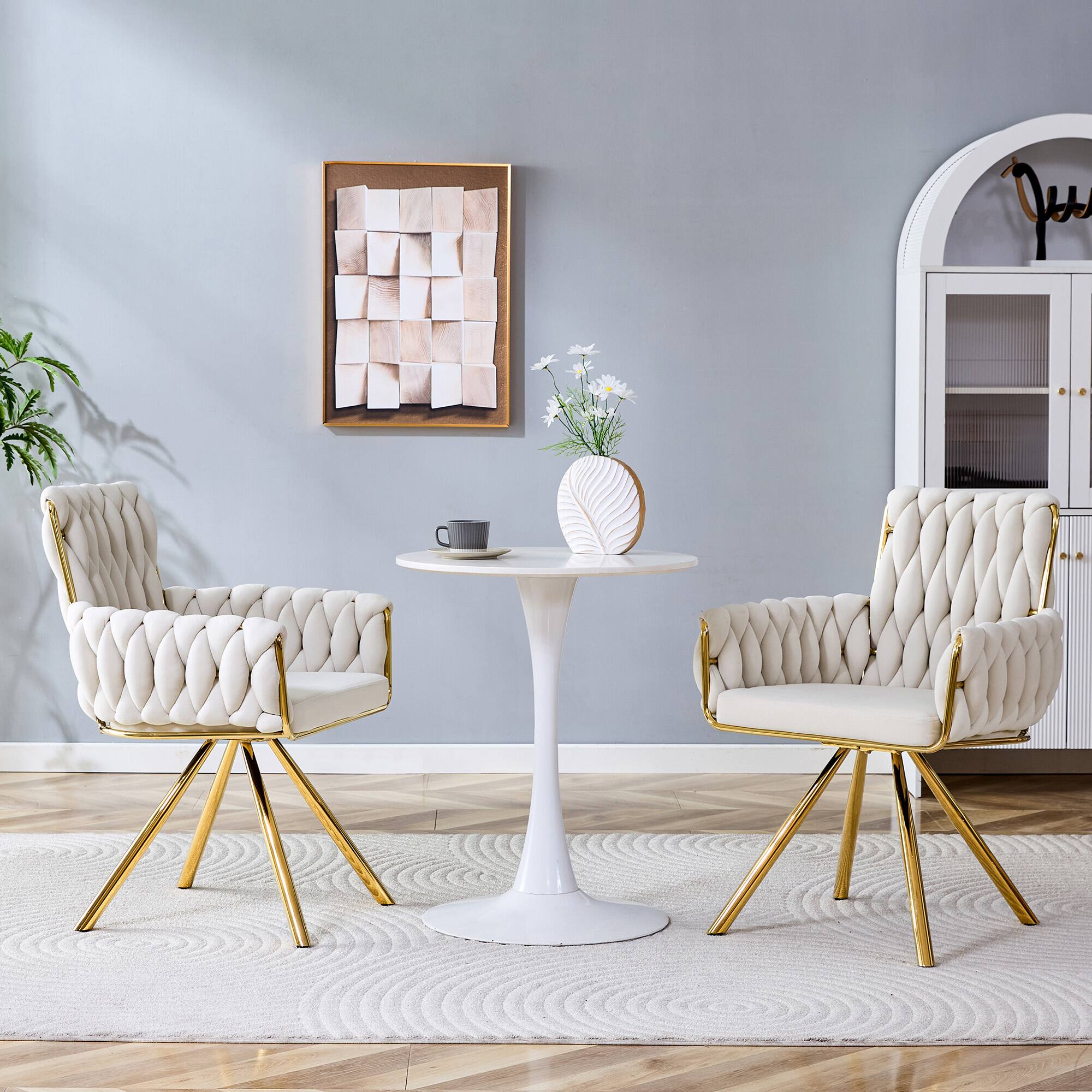 Angle. Loheer - Loheer Velvet Dining Chairs Set of 2, Beige Braided Accent Chairs with Arms and Gold Metal Legs, 2.08 ft - Beige,Gold.