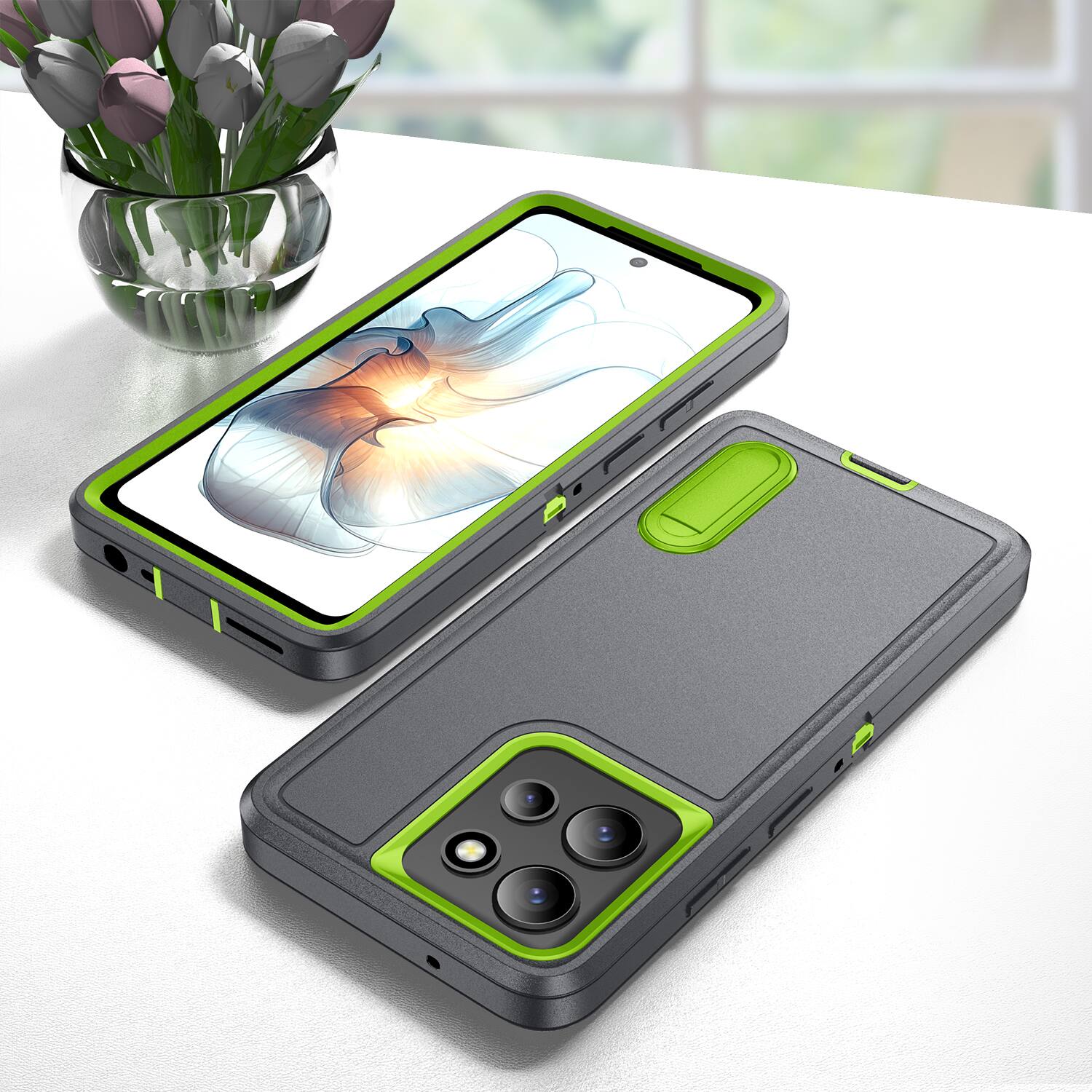 Alt View 3. Dteck - Heavy Duty Case for Motorola G Power 5G (2025) w/ Foldable Kickstand,Dual-Layer Shockproof Hard PC Soft Silicone Cover - Gray/Green.