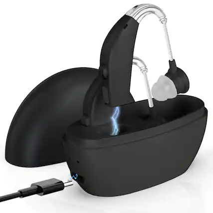 Front. MEDca - Digital Hearing Amplifier (Pair of 2) – Personal Sound Enhancer, Rechargeable Hearing Aid Amplifiers, Black - Black Amplifier w/ Black Charger.