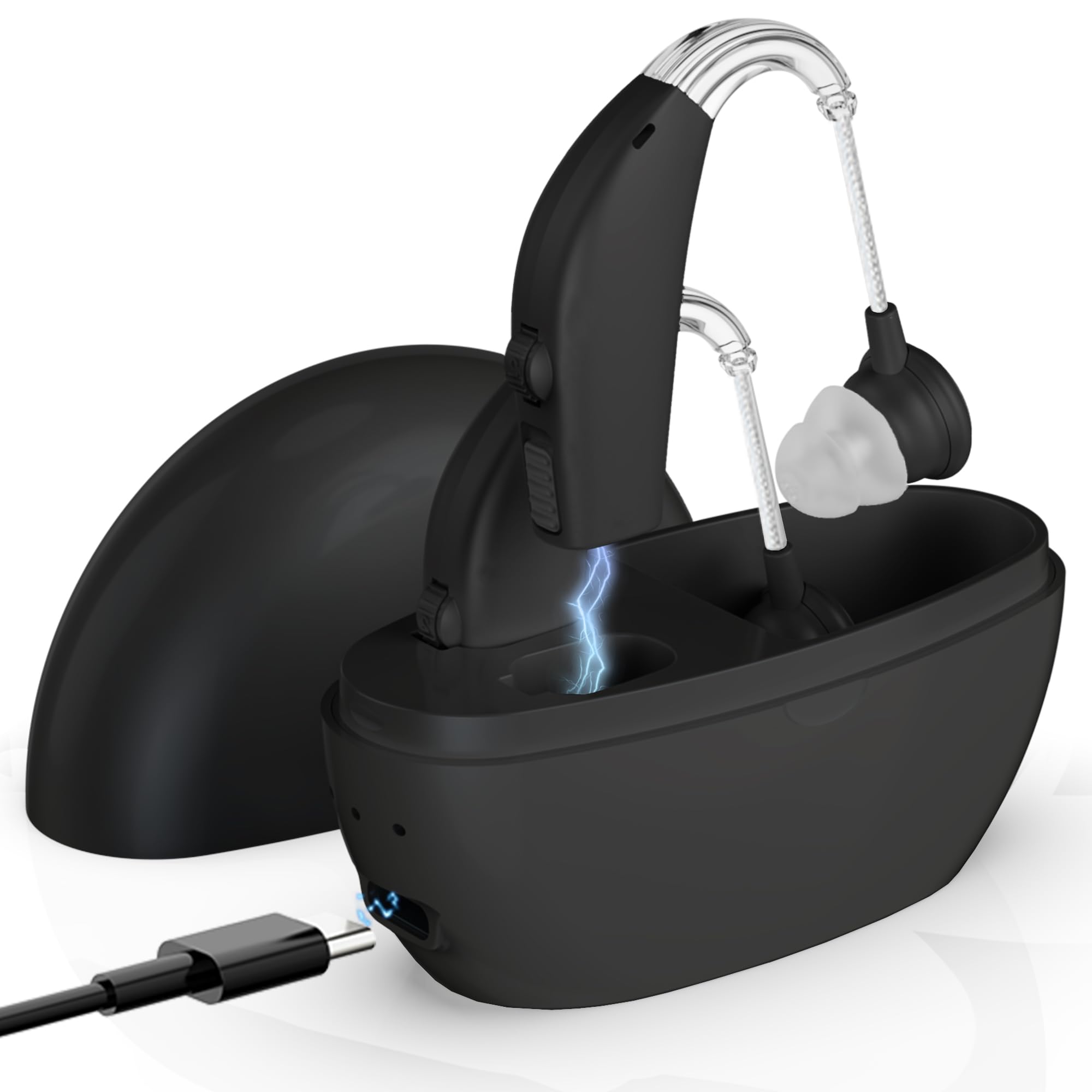 Front. MEDca - Digital Hearing Amplifier (Pair of 2) – Personal Sound Enhancer, Rechargeable Hearing Aid Amplifiers, Black - Black Amplifier w/ Black Charger.