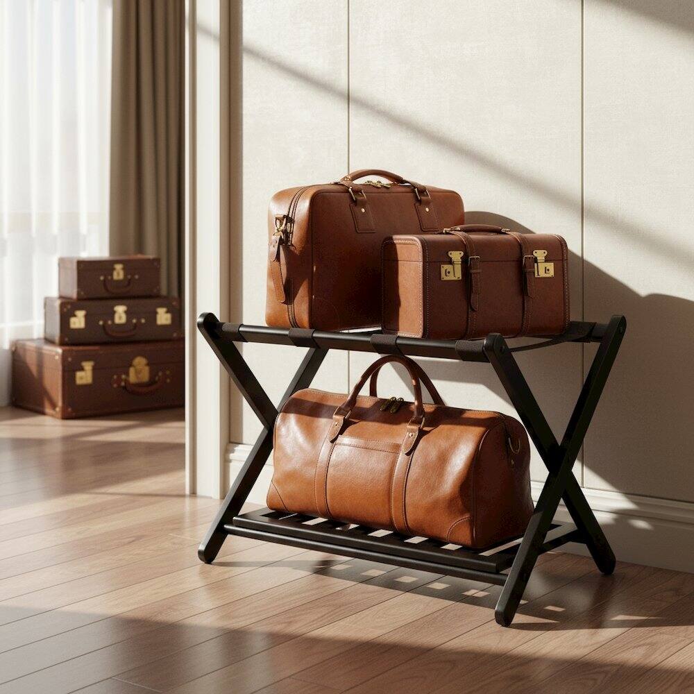 Back. FurniFact - Foldable Luggage Rack with Shelf - Espresso.