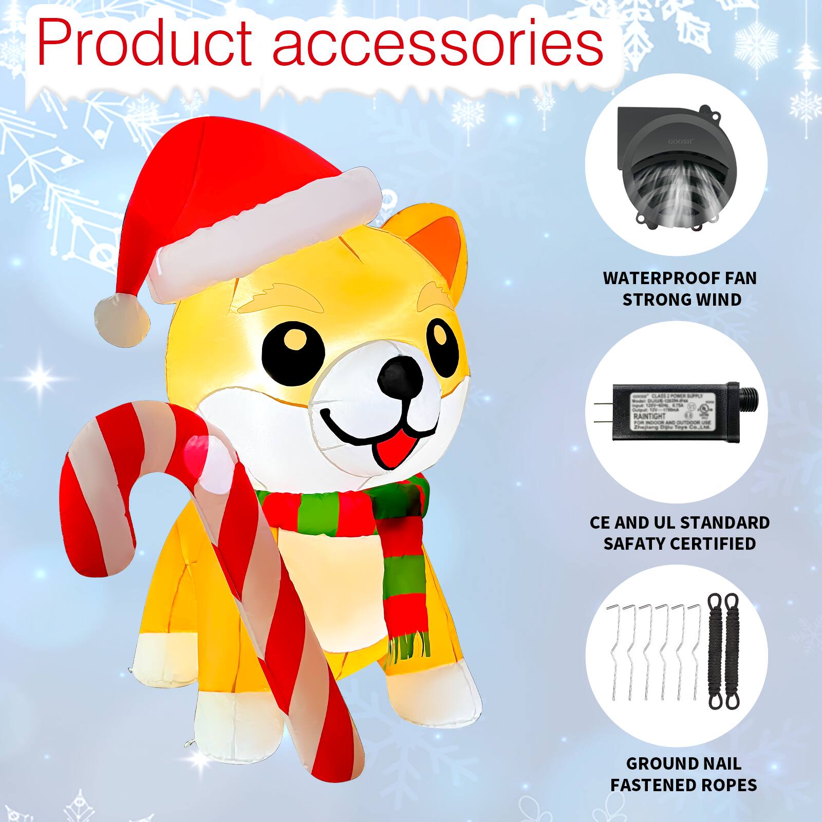 Product accessories

- WATERPROOF FAN STRONG WIND
- CE AND UL STANDARD SAFETY CERTIFIED
- GROUND NAIL FASTENED ROPES