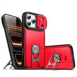 Dteck - Rugged Case for Apple iPhone 18 Pro with Slide Camera Cover & Adjustable Holder,Soft TPU+Hard PC Dual-Layer Cover - Red