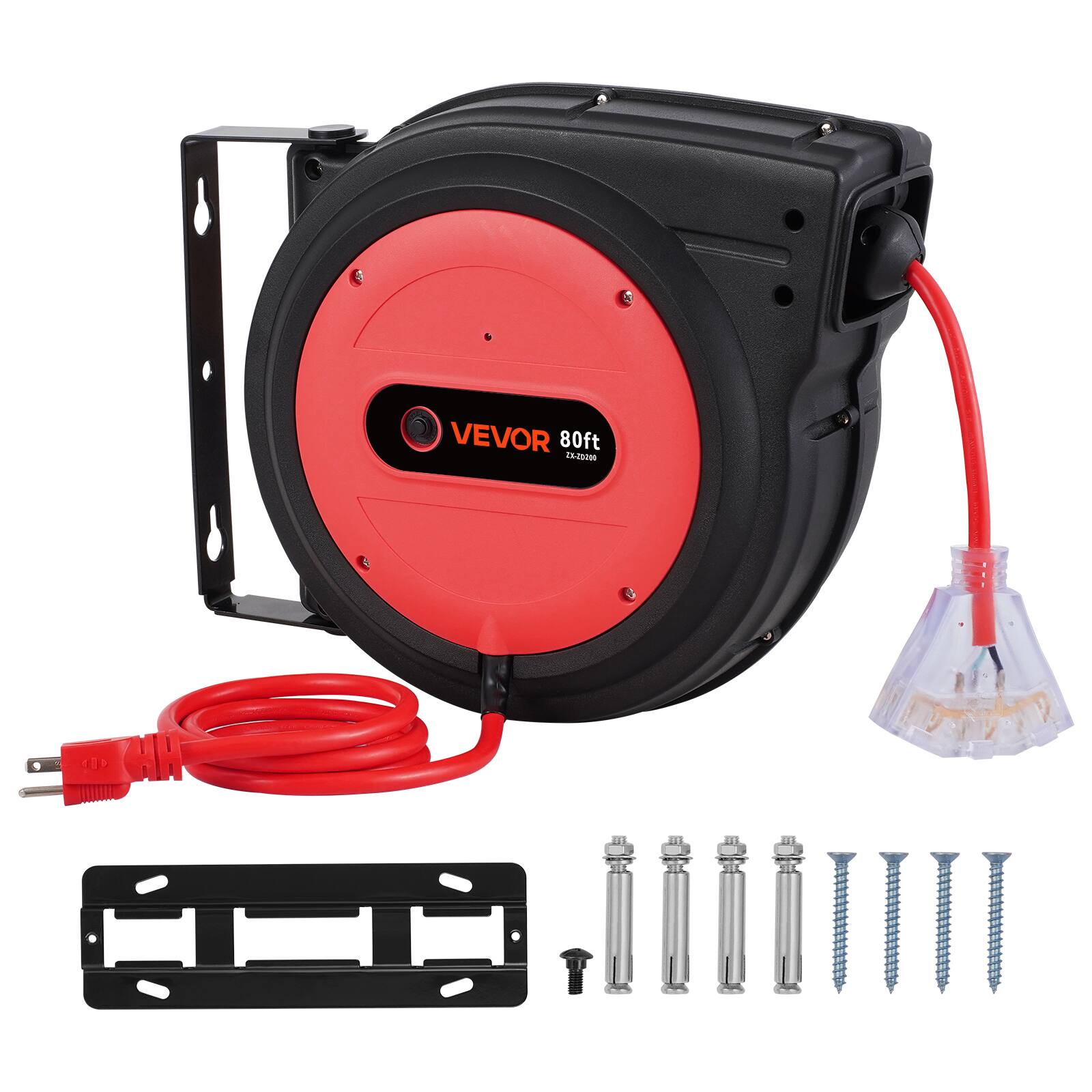 VEVOR Retractable Extension Cord Reel, 80 FT, Heavy Duty 12AWG/3C SJTOW ...