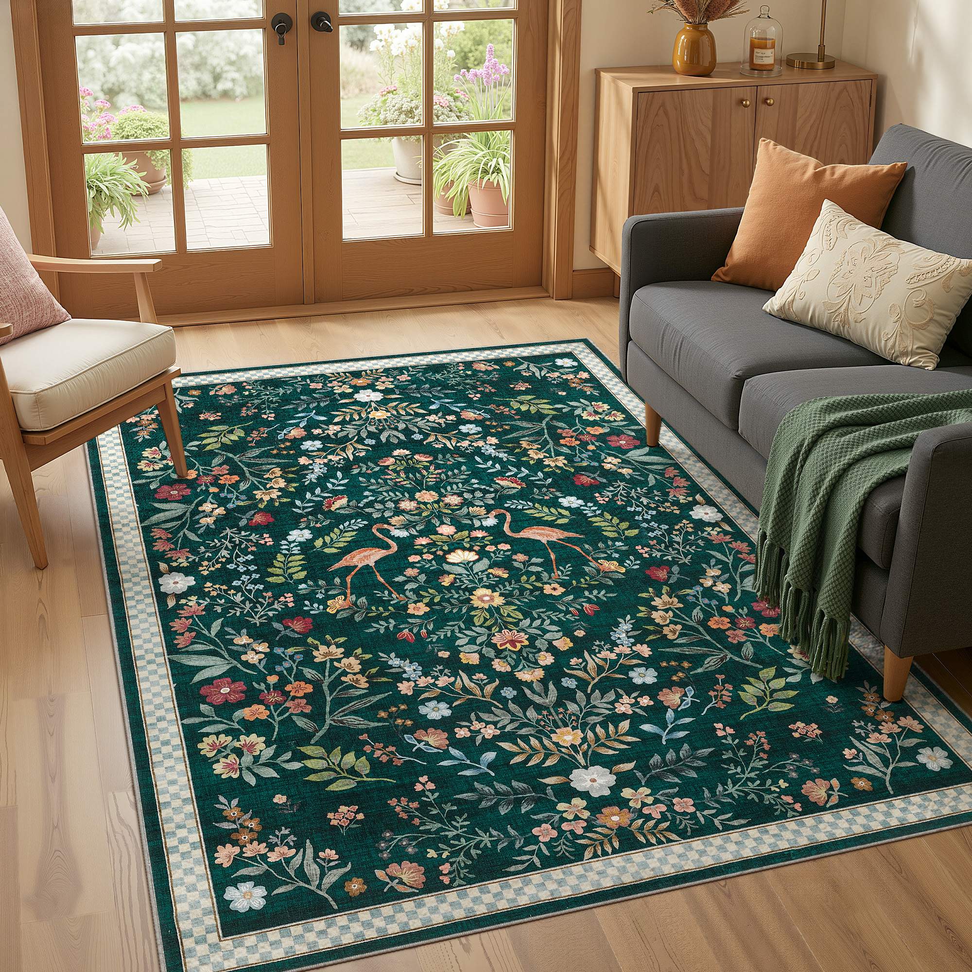 Angle. Yardgrace - 5' x 7' ft Washable Farmhouse Floral Area Rug with Non-Slip for Bedroom Nursery Living Room Decor - Green.