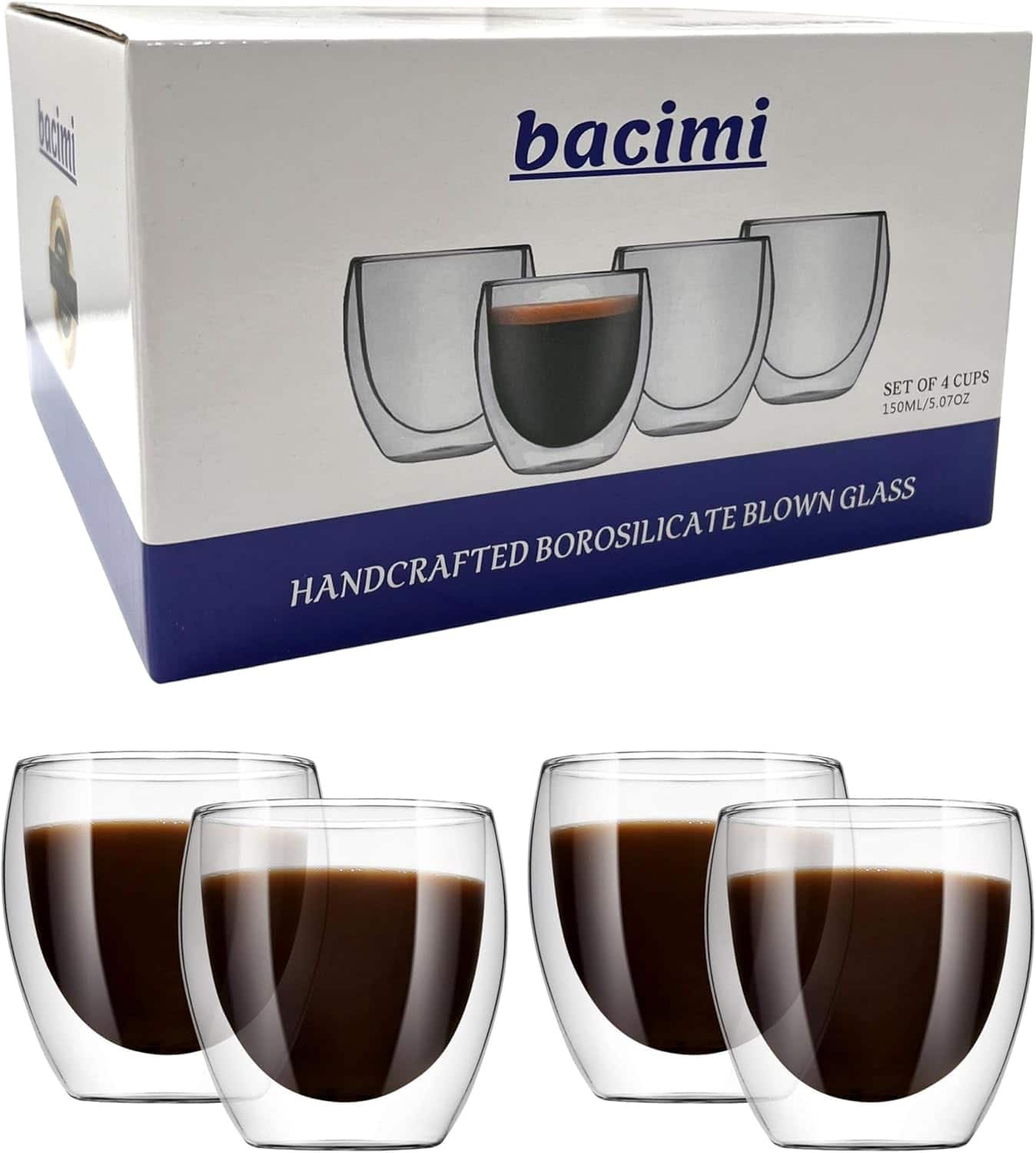 Bacimi - Double Wall Insulated Coffee Mugs Set of 4 / 5oz Borosilicate Cups Cups for Espresso, Cappuccino, Latte, Tea - Clear