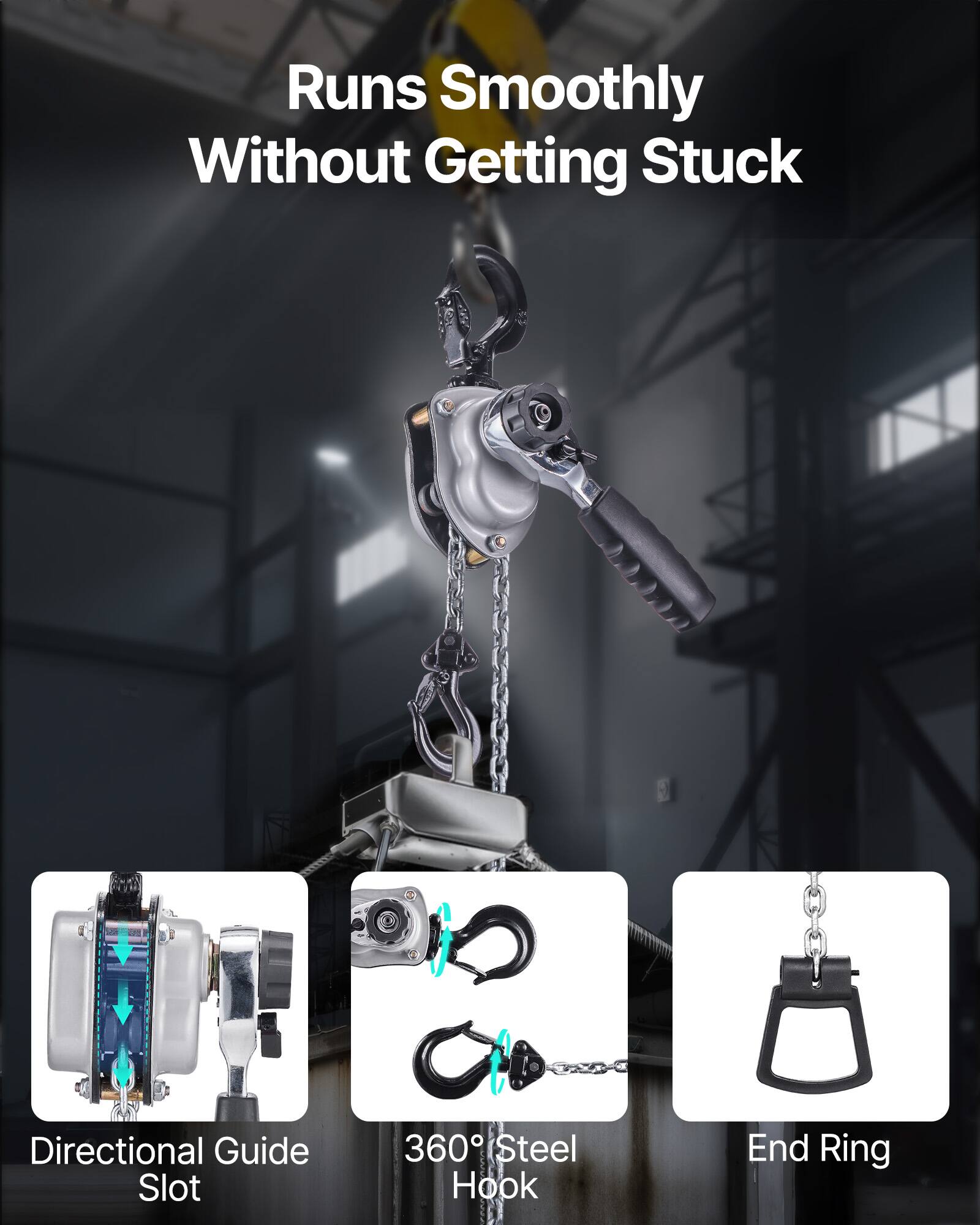 Runs Smoothly Without Getting Stuck

- Directional Guide Slot
- 360° Steel Hook
- End Ring
