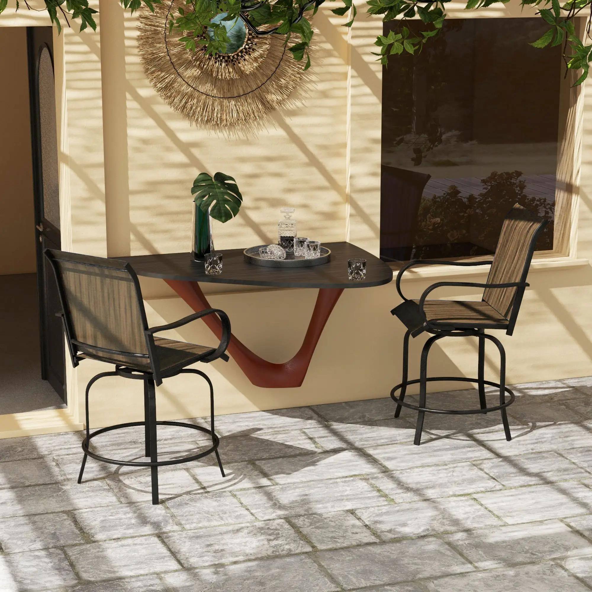 Alt View 7. Resenkos - Resenkos Outdoor Bar Stools Set, 360° Swivel Bar Height Chairs, Steel, Mesh Fabric, Tan - Tan.