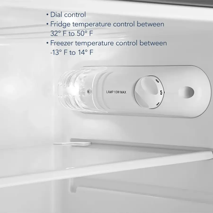 The text on the image reads:

Dial control:
- Fridge temperature control between 32°F to 50°F
- Freezer temperature control between -13°F to 14°F

Lamp:
- 10W MAX
- 5A