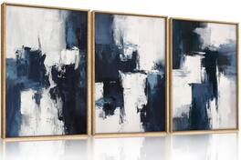 Hirose Alice - HLNIUC Neutral Abstract Framed Canvas Wall Art Set Black Beige Wave Line Wall Decor Large Minimalist Painting - Dark Blue 16"L x 24"W