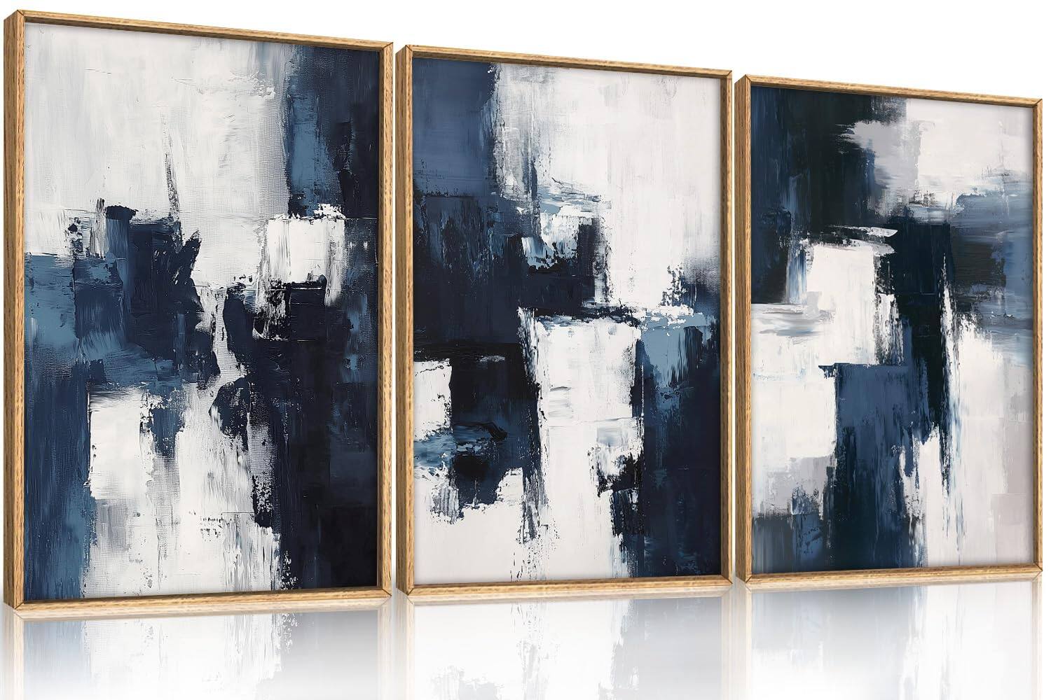 Front. Hirose Alice - HLNIUC Neutral Abstract Framed Canvas Wall Art Set Black Beige Wave Line Wall Decor Large Minimalist Painting - Dark Blue 16"L x 24"W.