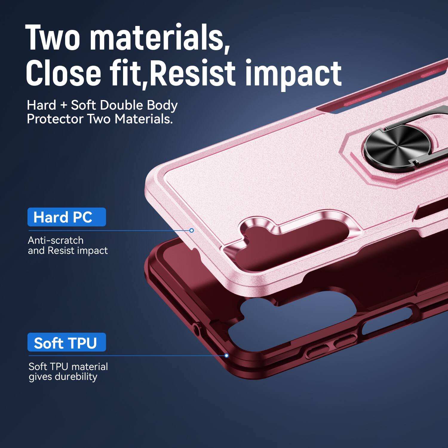 Two materials, Close fit, Resist impact  
Hard + Soft Double Body Protector Two Materials.  

Hard PC  
Anti-scratch and Resist impact  

Soft TPU  
Soft TPU material gives durability