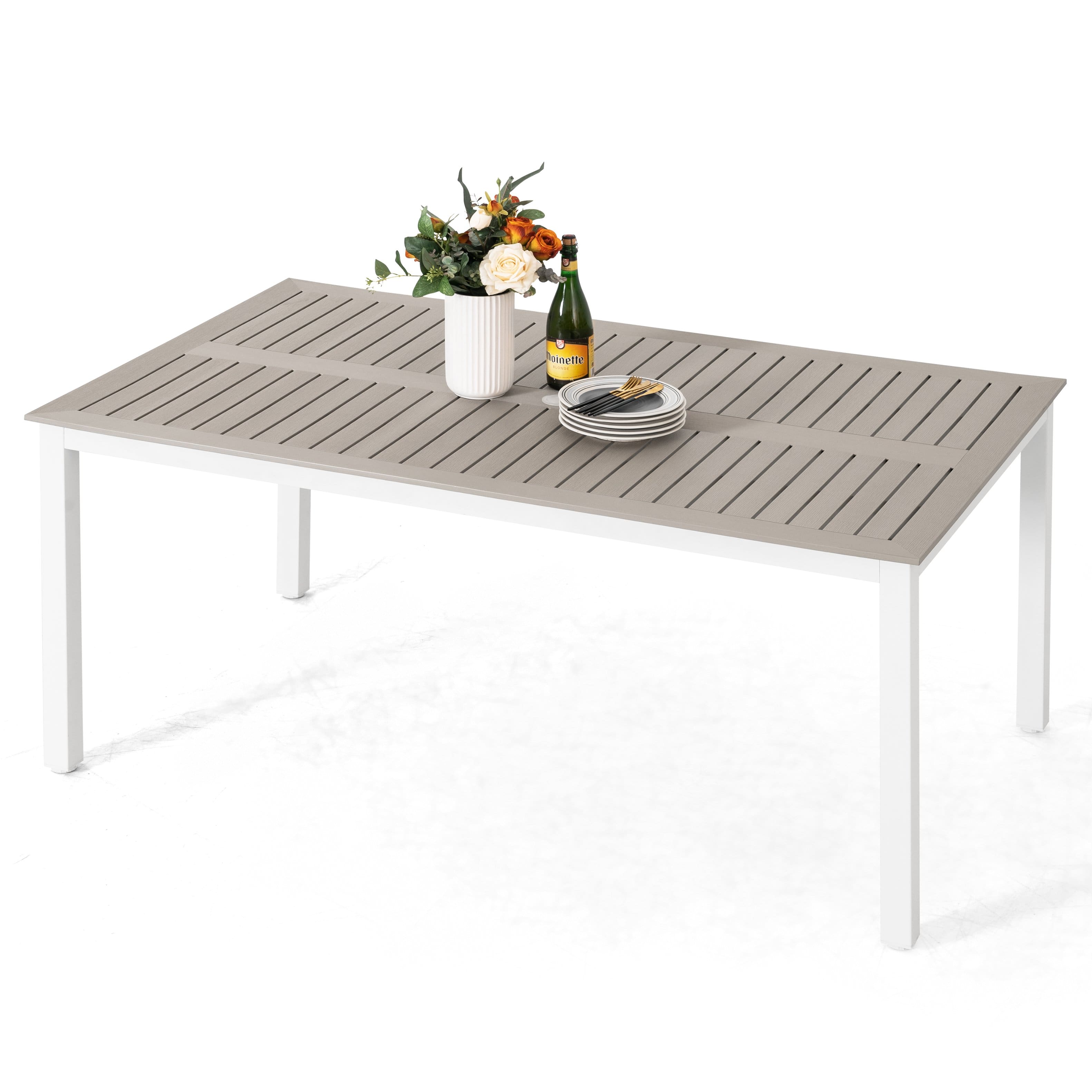 Nuu Garden - Rectangle Faux Outdoor Dining Table with 1.7'' Umbrella Hole and Wood Texture Tabletop - Light Brown
