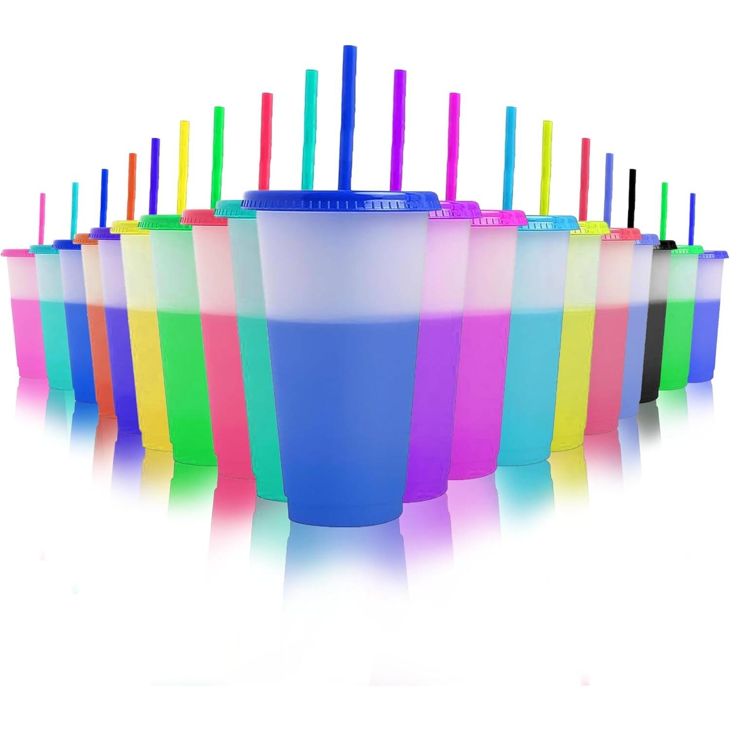 Front. PARKER SLATER - 19-pack 24oz color changing tumblers with lids and straws, reusable multicolor cups for cold drinks and smoothies. - Multicolor.