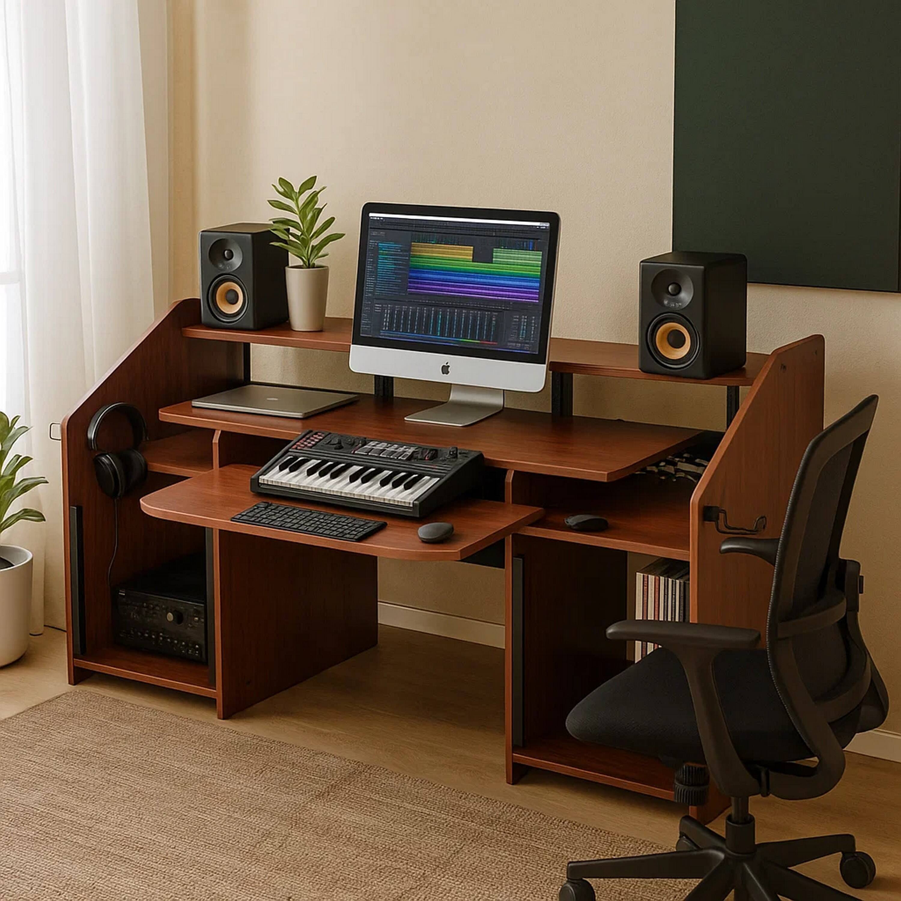 Alt View 2. Manhattan Lane - 71 Inch Wood Music Desk Studio Workstation, 3 Shelves, Cherry Brown - Brown.