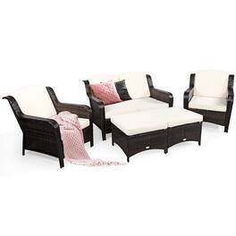 Costway - 5PCS Patio Rattan Furniture Set Loveseat Sofa Ottoman Cushion - Off White
