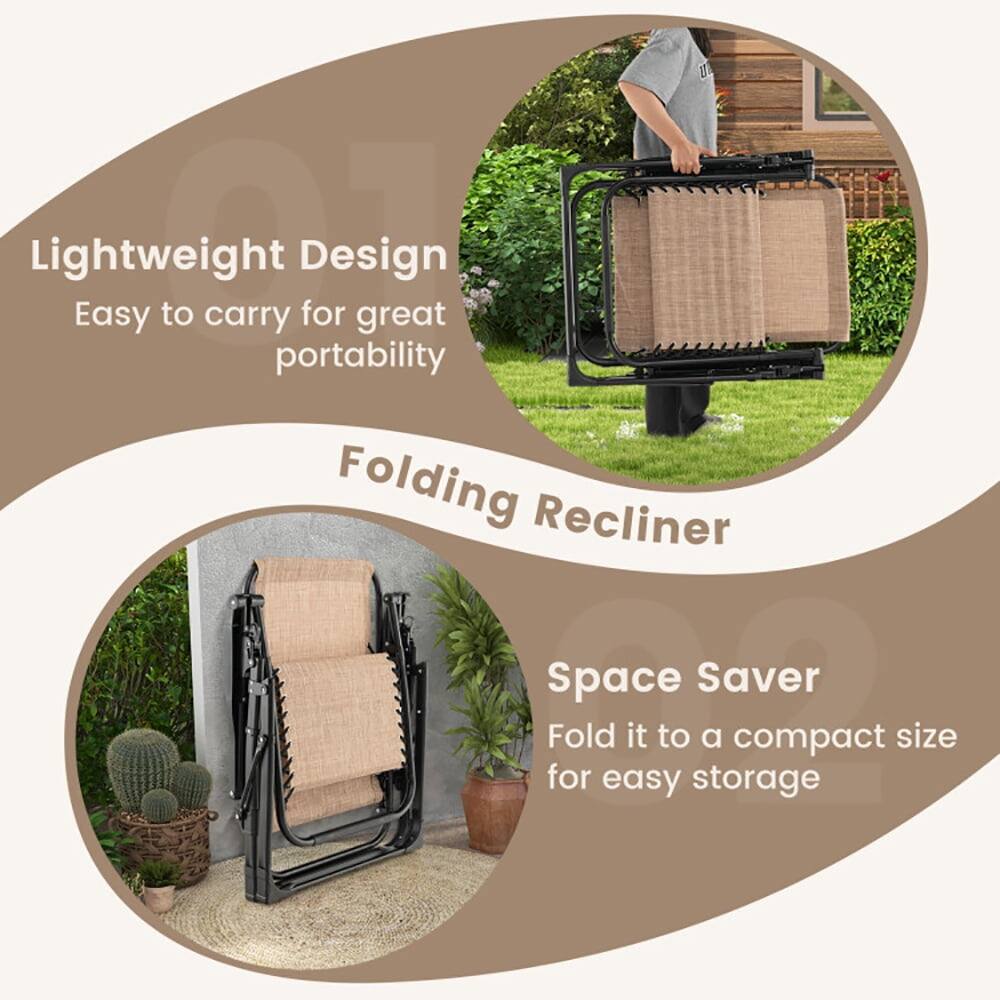 1. Lightweight Design
   - Easy to carry for great portability

2. Folding Recliner

3. Space Saver
   - Fold it to a compact size for easy storage