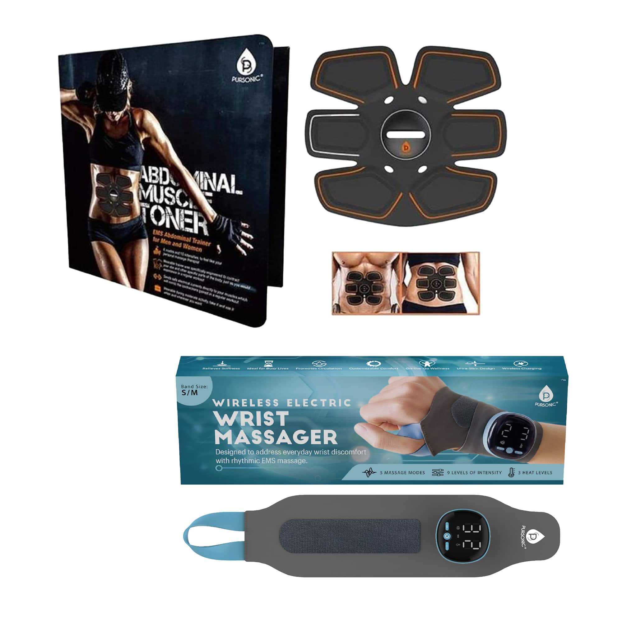 Pursonic - Electric Massager Wrist Guard & EMS Abdominal Muscle Toner – Relaxation and Strength Bundle - Black